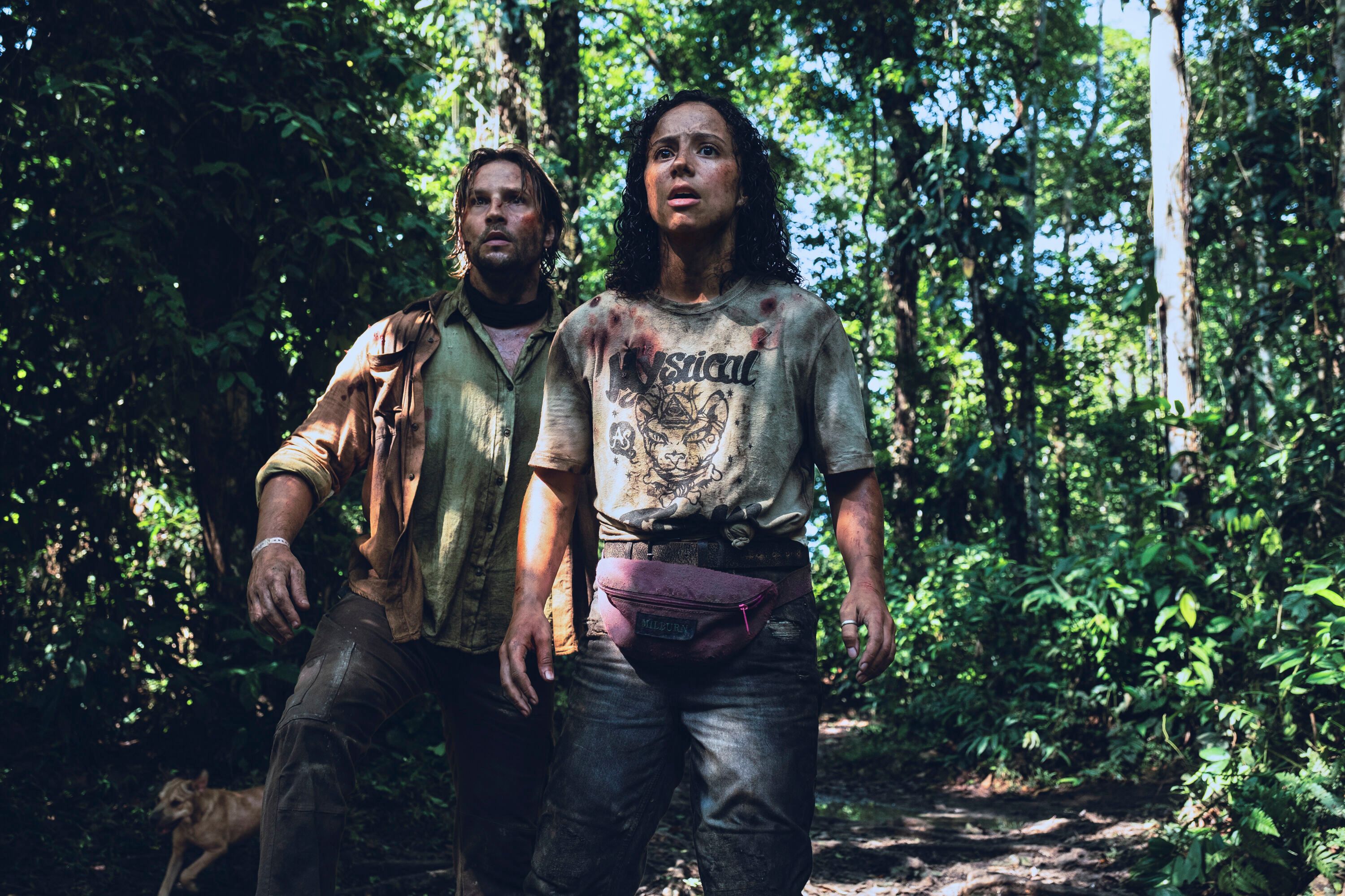 Two people look ahead through the dense Amazon forest.