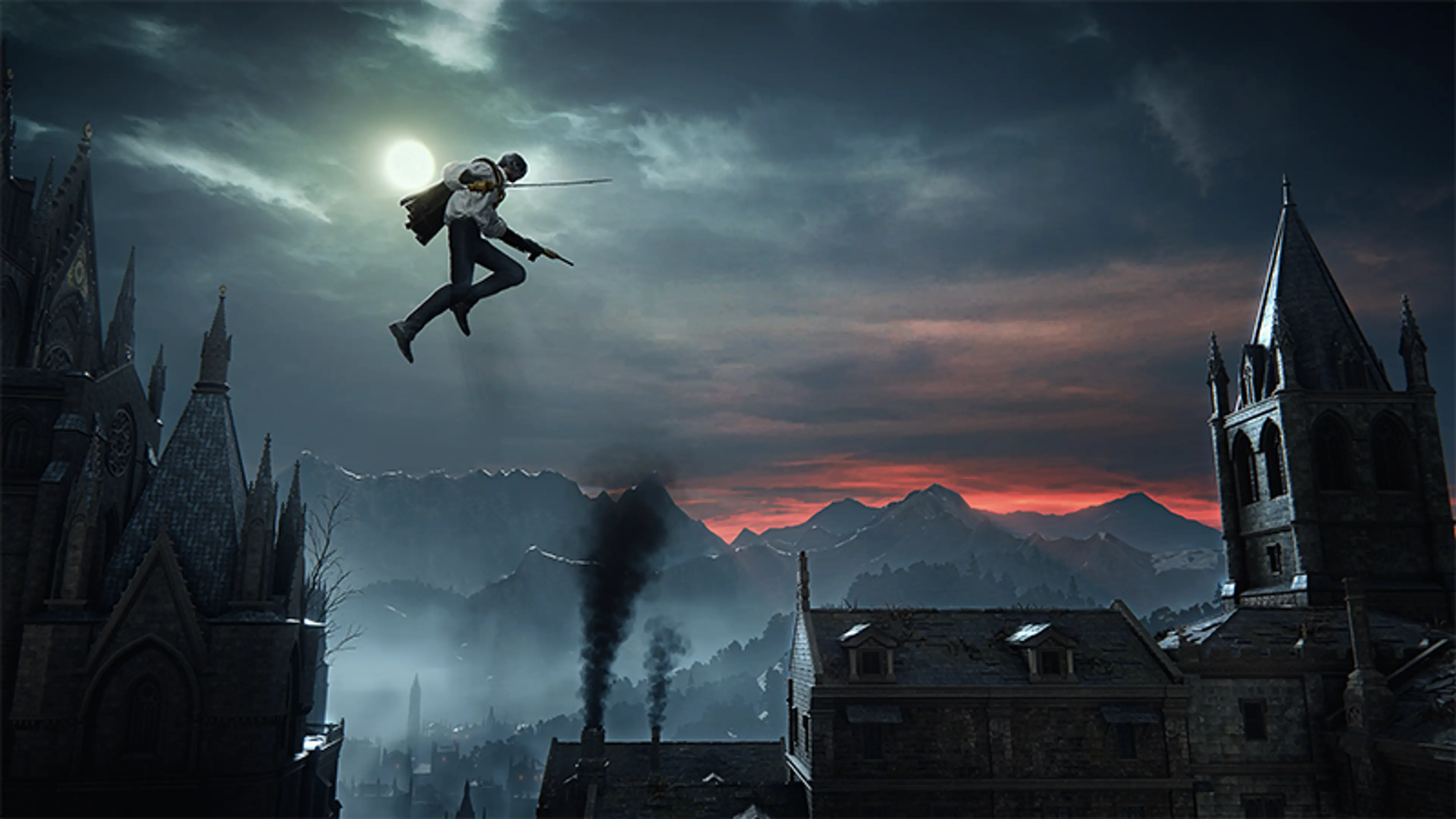 Official artwork: an airborne fighter leaps between Gothic towers beneath a red sunset in The Duskbloods.