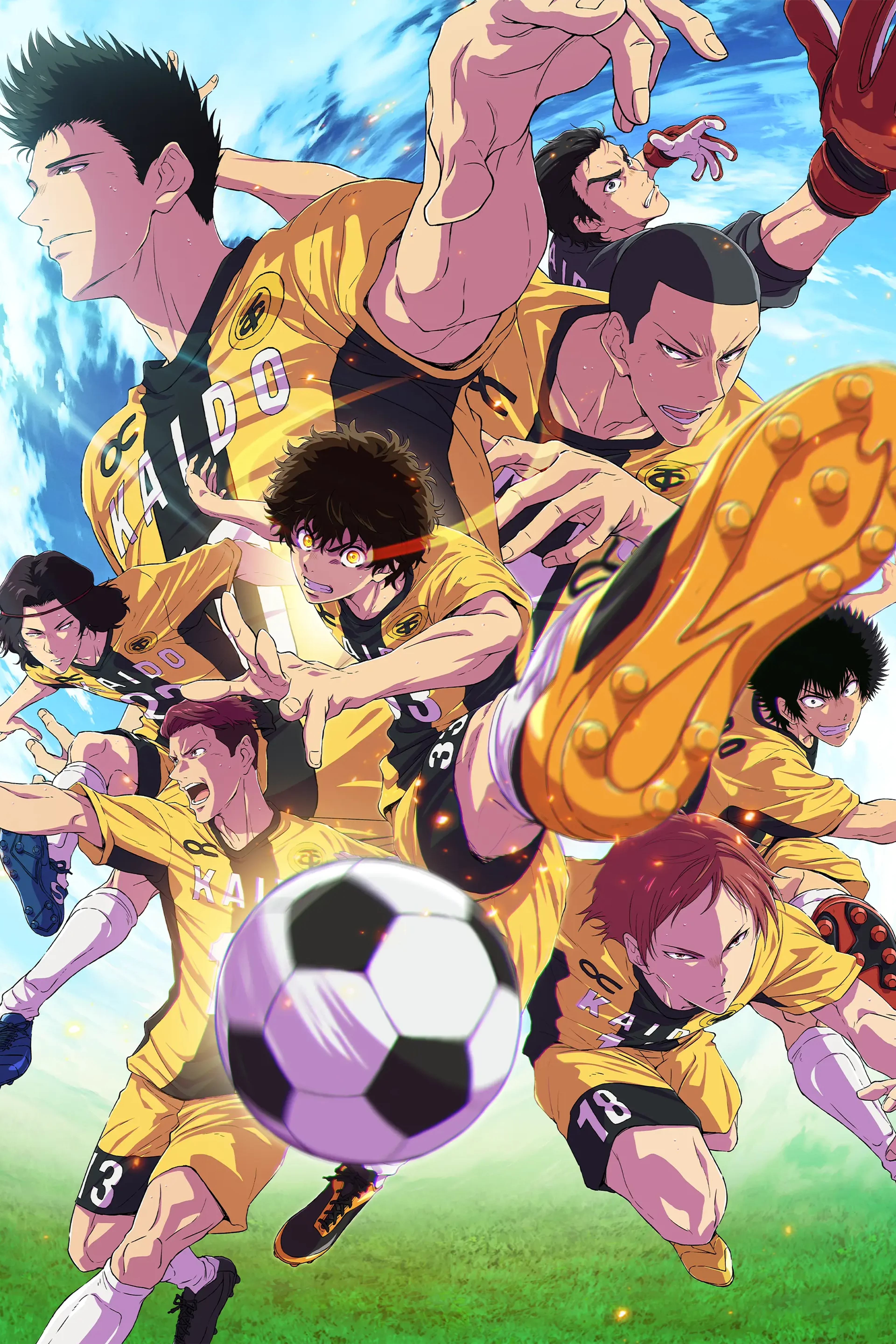 Official Aoashi Season 2 key visual shows Ashito and teammates rushing toward a soccer ball.