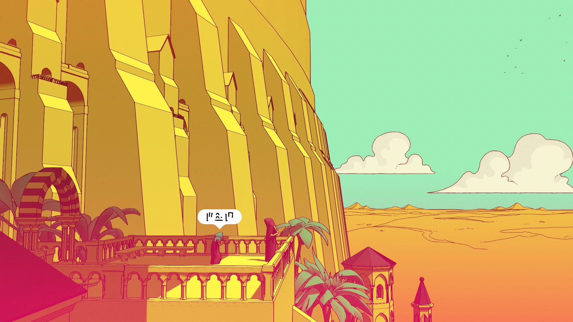 A red-cloaked traveler approaches a resident beside yellow walls in Chants of Sennaar.