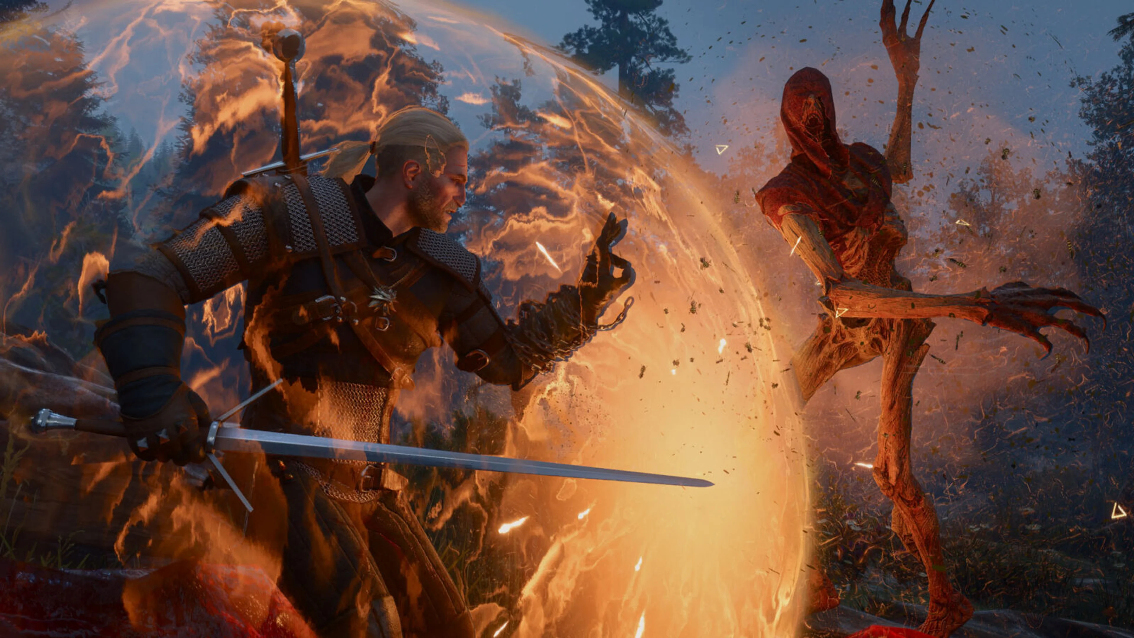 Geralt raises his sword as the Swarmion looms over a rocky battlefield in The Witcher 3 Remastered.