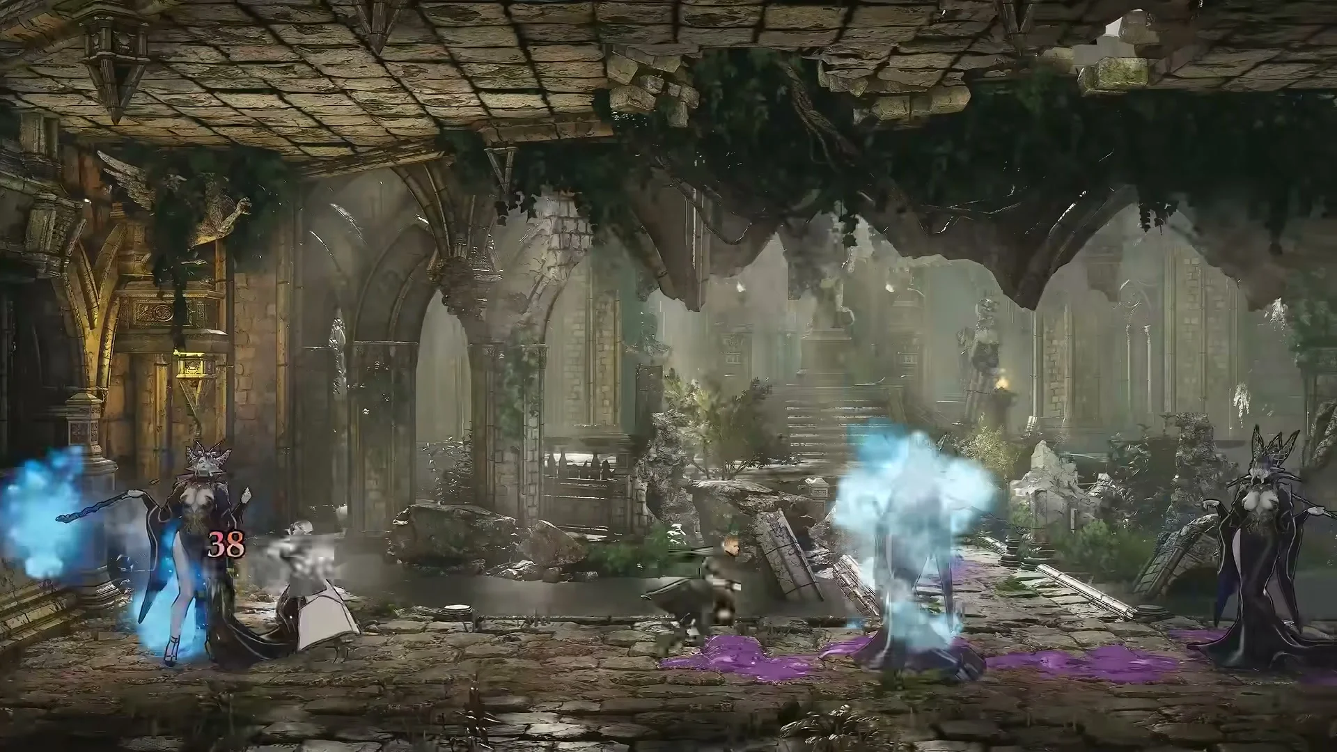 A blue-lit castle battle in Bloodstained: The Scarlet Engagement.