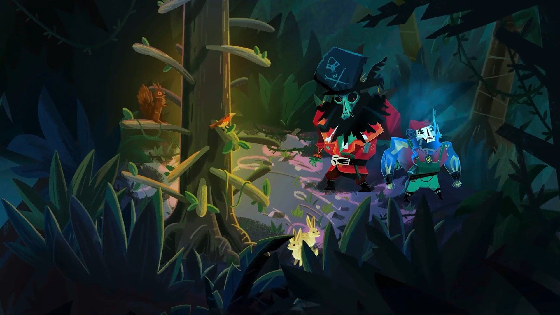 A pirate explores a lush island path at night.