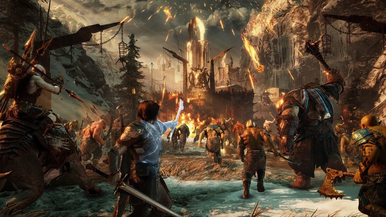 Talion and allied orcs charge toward a fortress in Shadow of War.