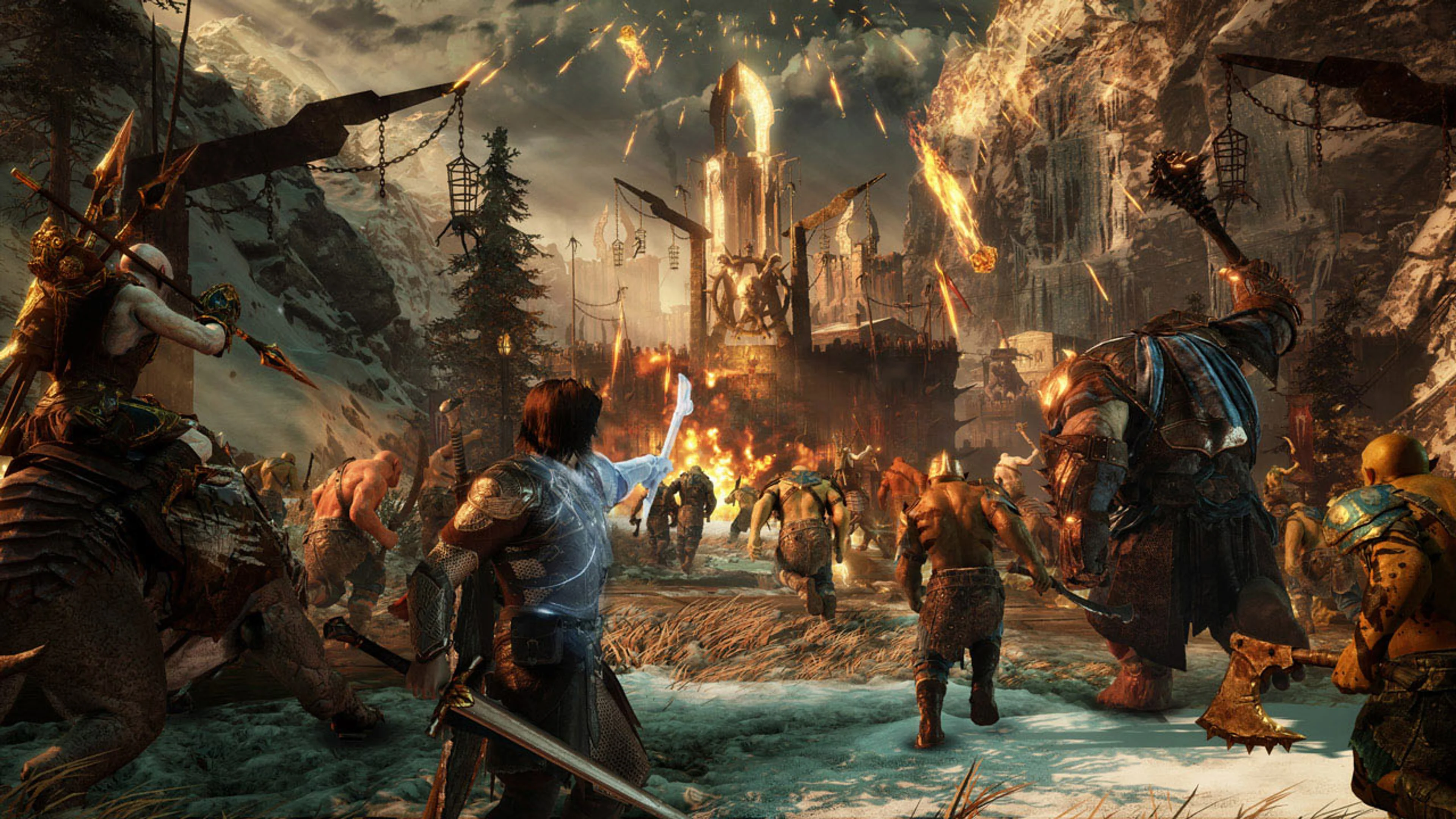 Talion and allied orcs charge toward a fortress in Shadow of War.