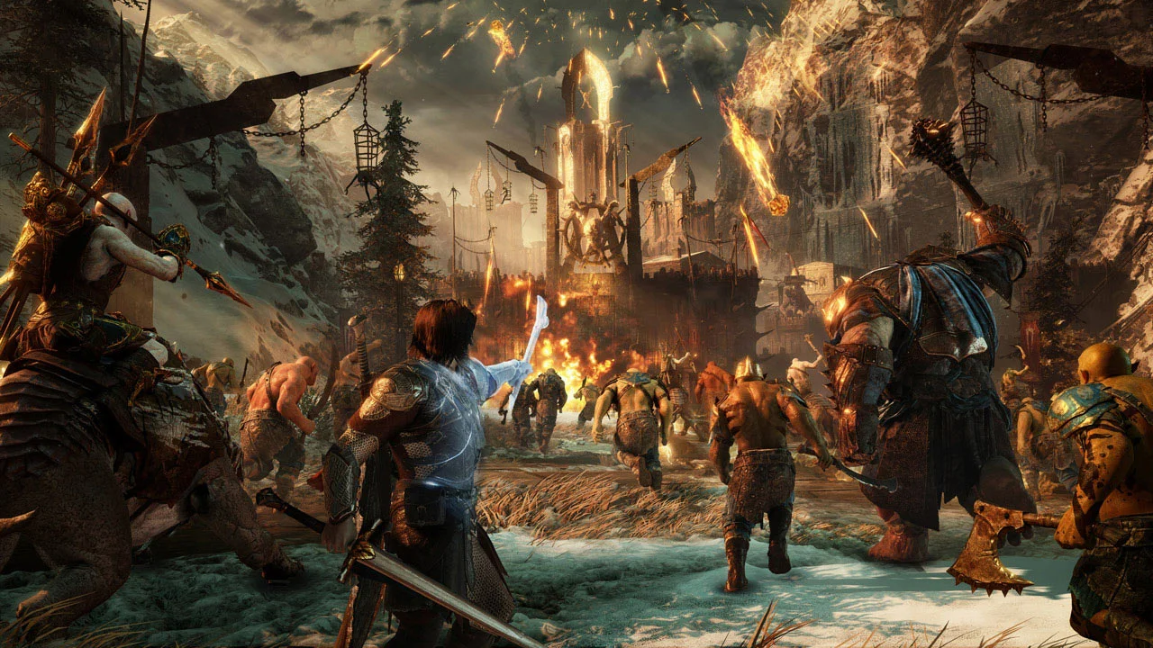 Talion and allied orcs charge toward a fortress in Shadow of War.