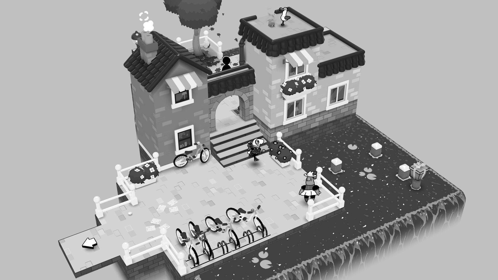 The TOEM 2 character explores a village with bicycles and small houses.