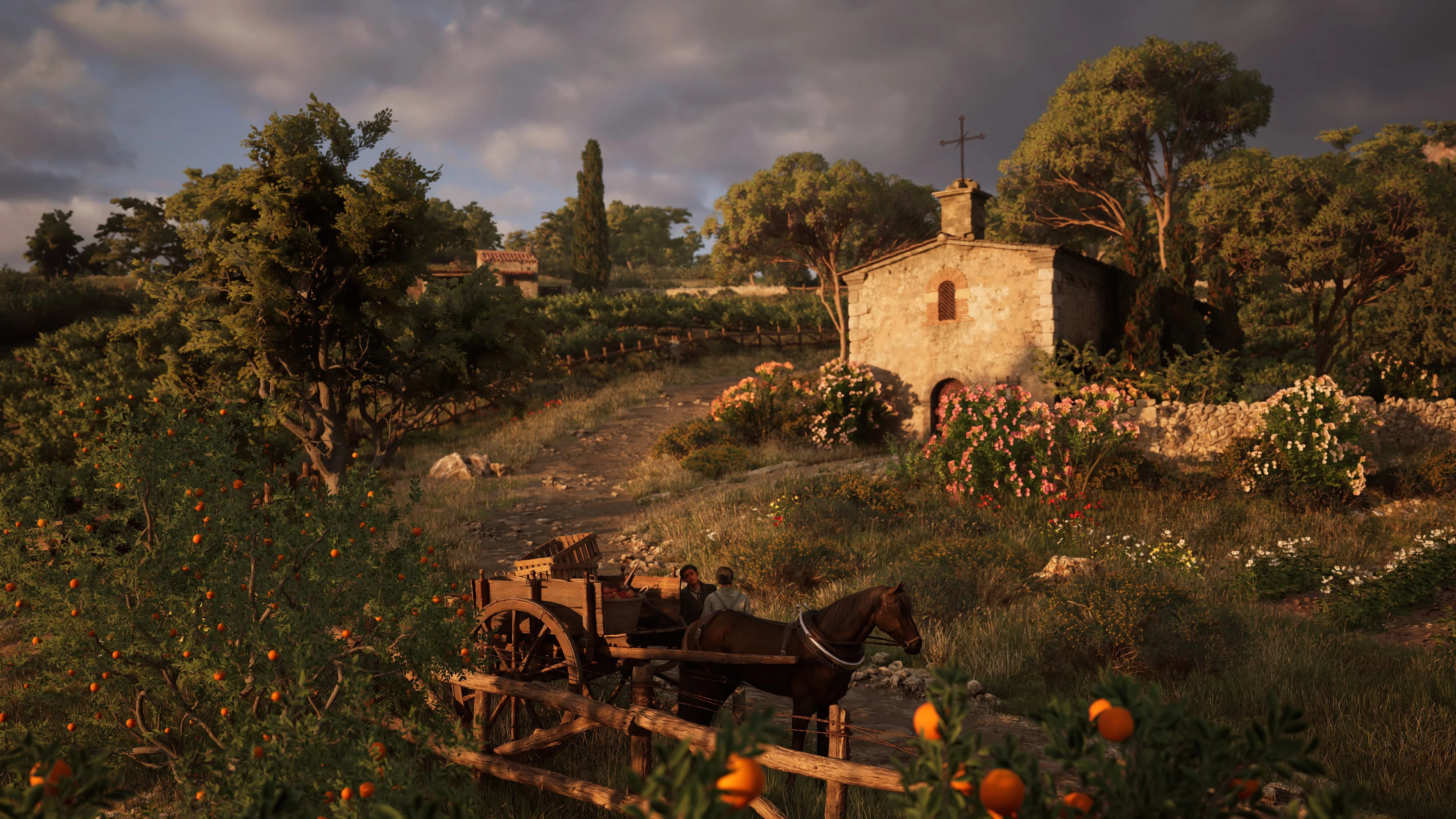 A horse-drawn cart travels through the sunny Sicilian countryside in an official Mafia: The Old Country screenshot.
