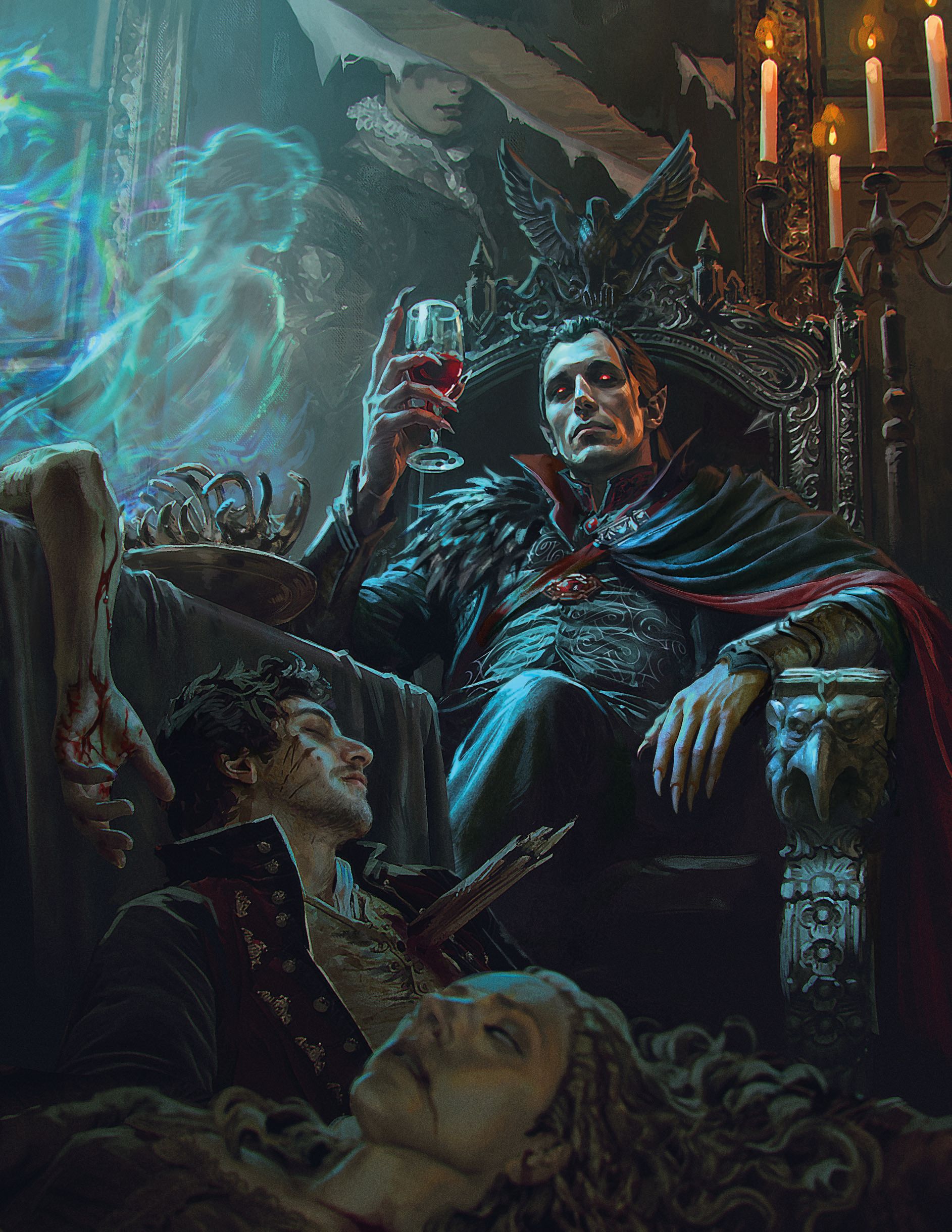 Strahd von Zarovich raises a glass from an ornate throne in official Ravenloft tabletop artwork.