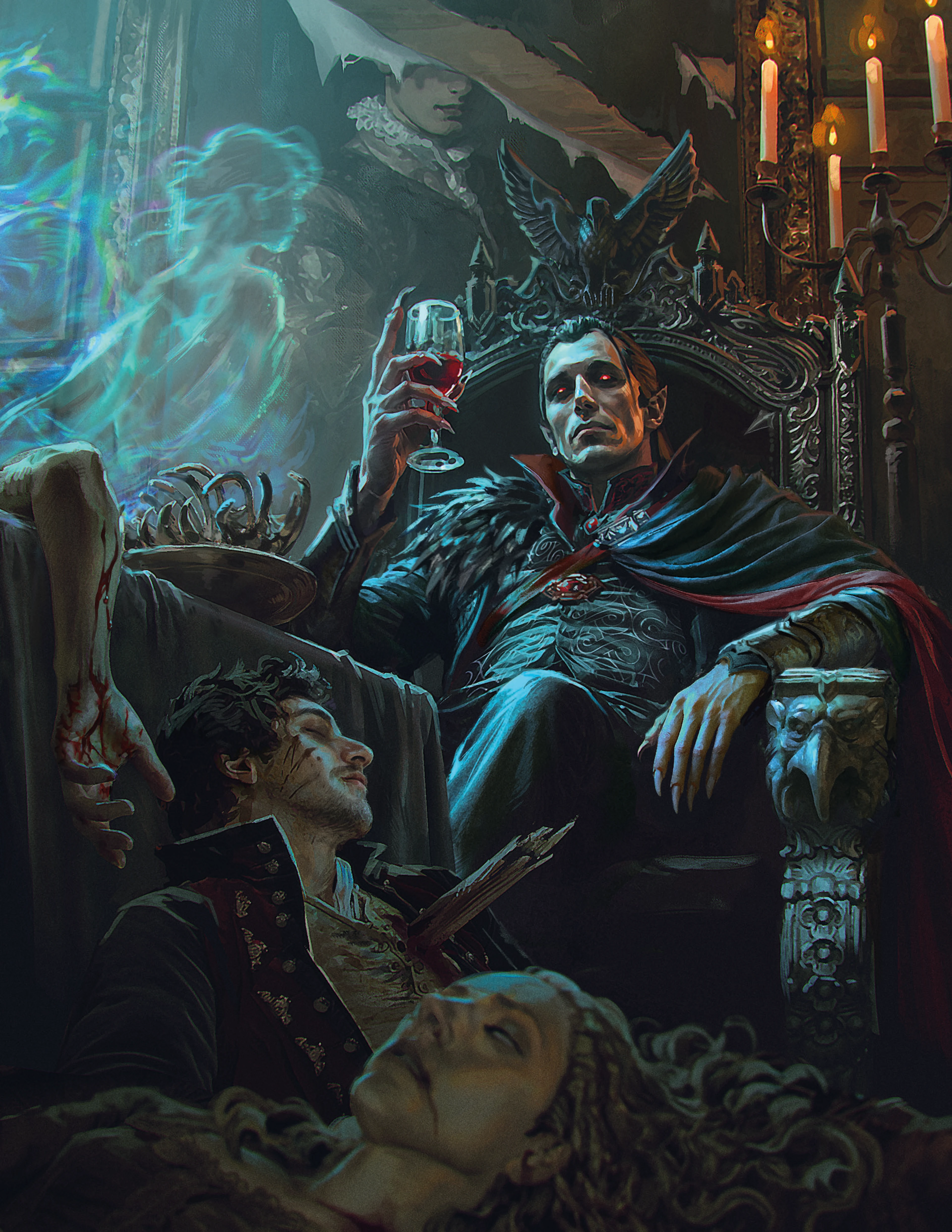 Strahd von Zarovich raises a glass from an ornate throne in official Ravenloft tabletop artwork.