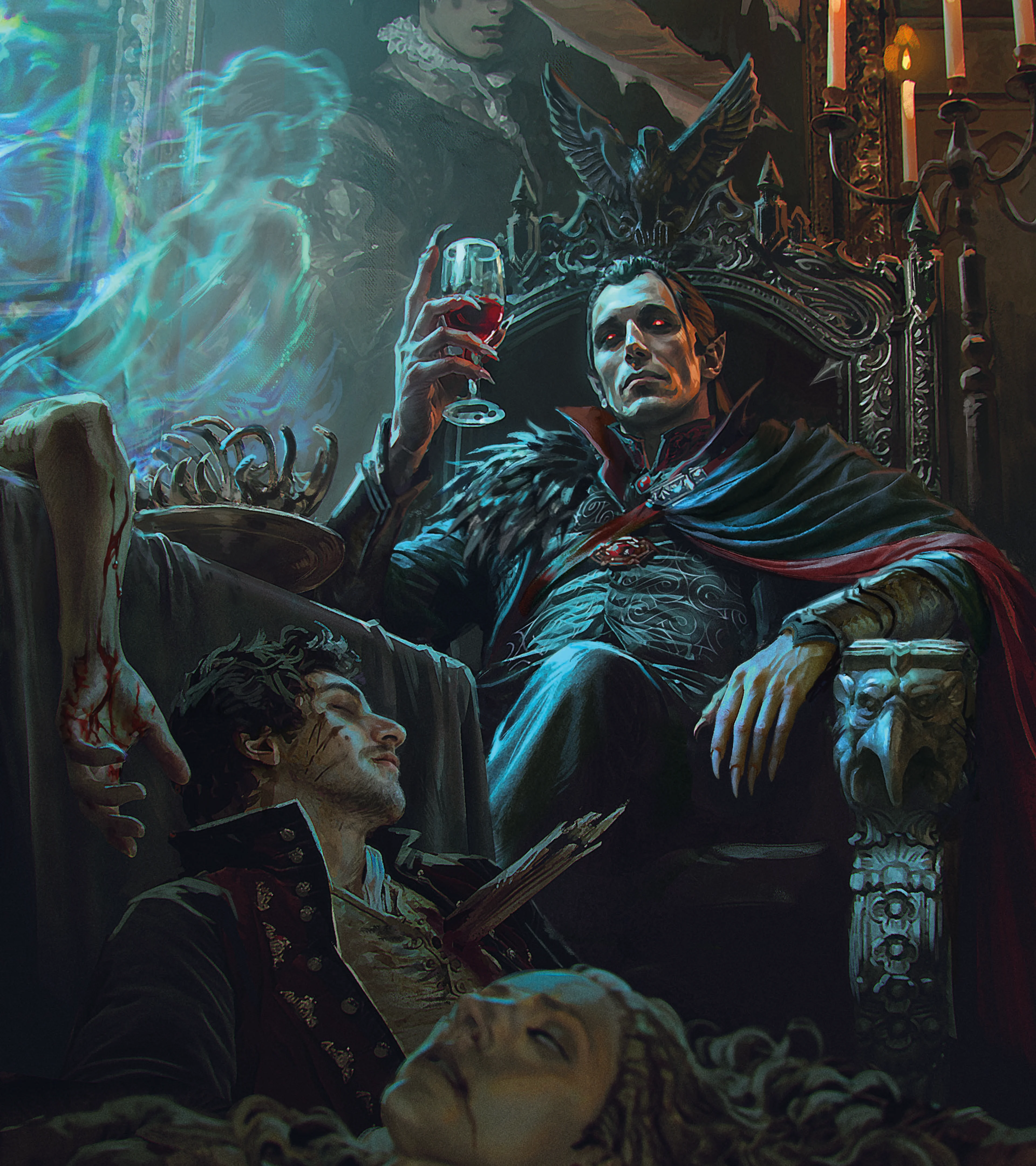 Strahd von Zarovich raises a glass from an ornate throne in official Ravenloft tabletop artwork.