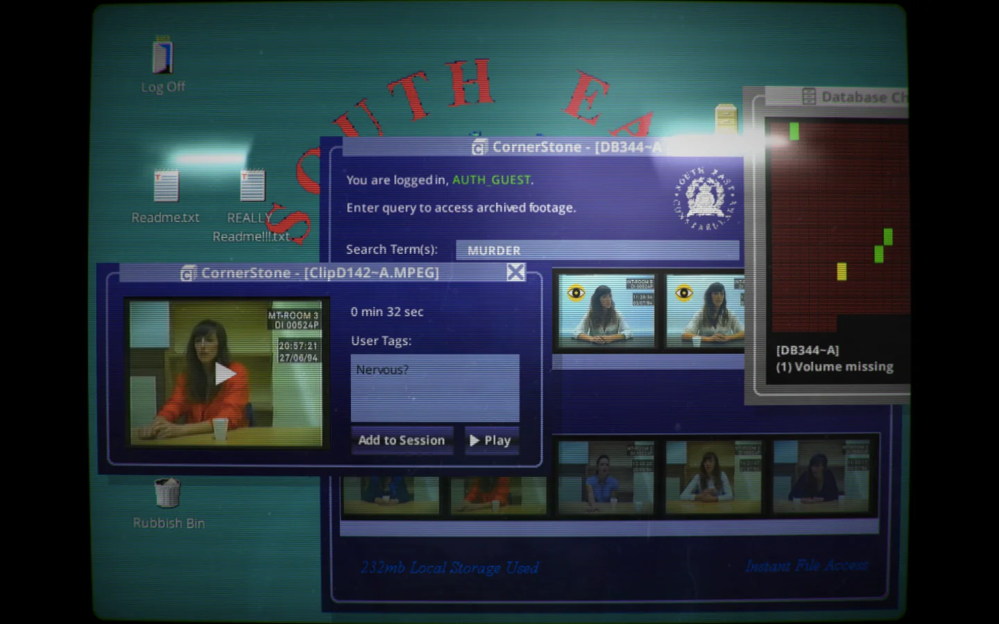 Her Story desktop: the purple L.O.G.I.C. Database fills the center, Search Term(s) with MURDER is near the top, result thumbnails are underneath, and an opened clip overlaps the left side.