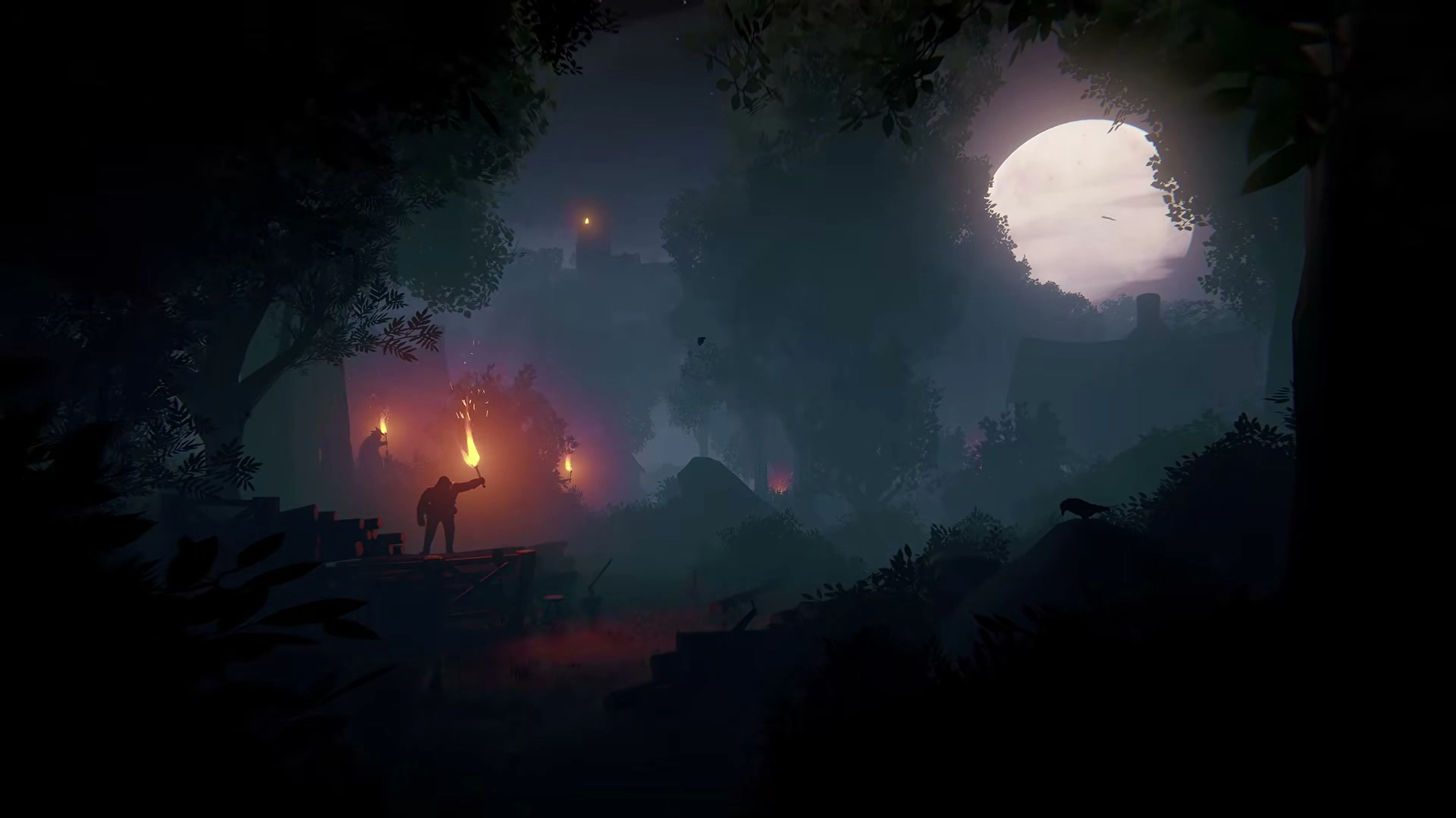 A torch-bearing pursuer crosses a misty village beneath an enormous full moon.