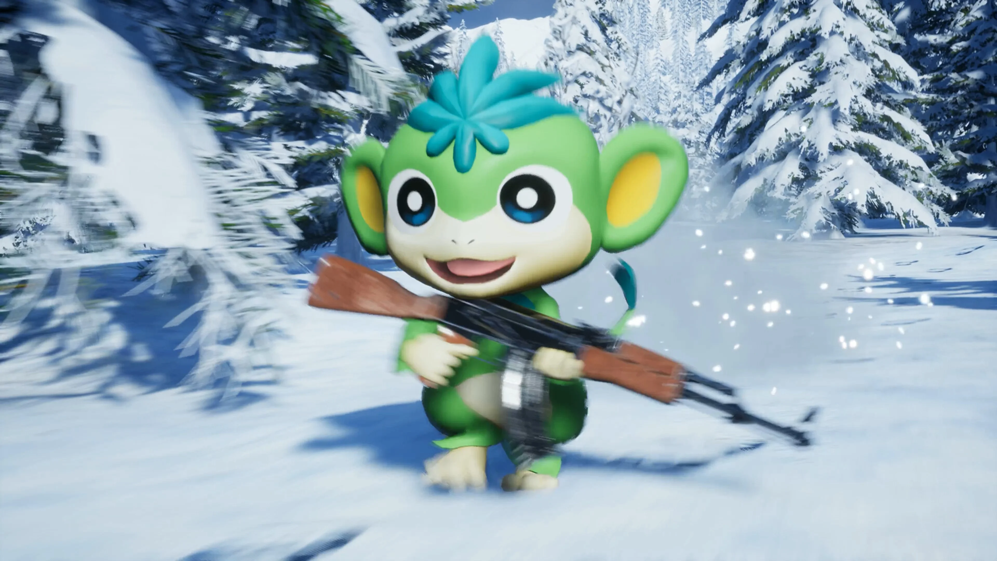 A small green Pal carrying a tool through a snowy Palworld area.
