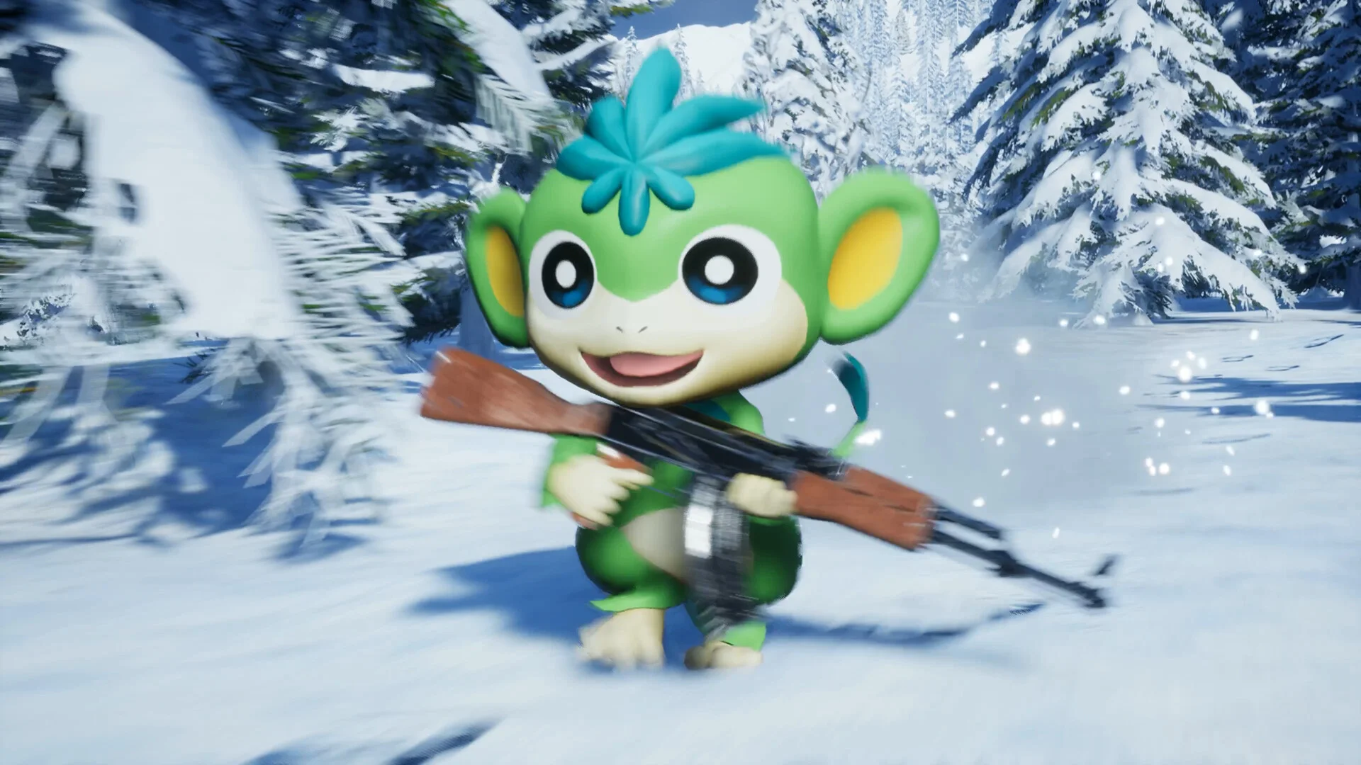 A small green Pal carrying a tool through a snowy Palworld area.