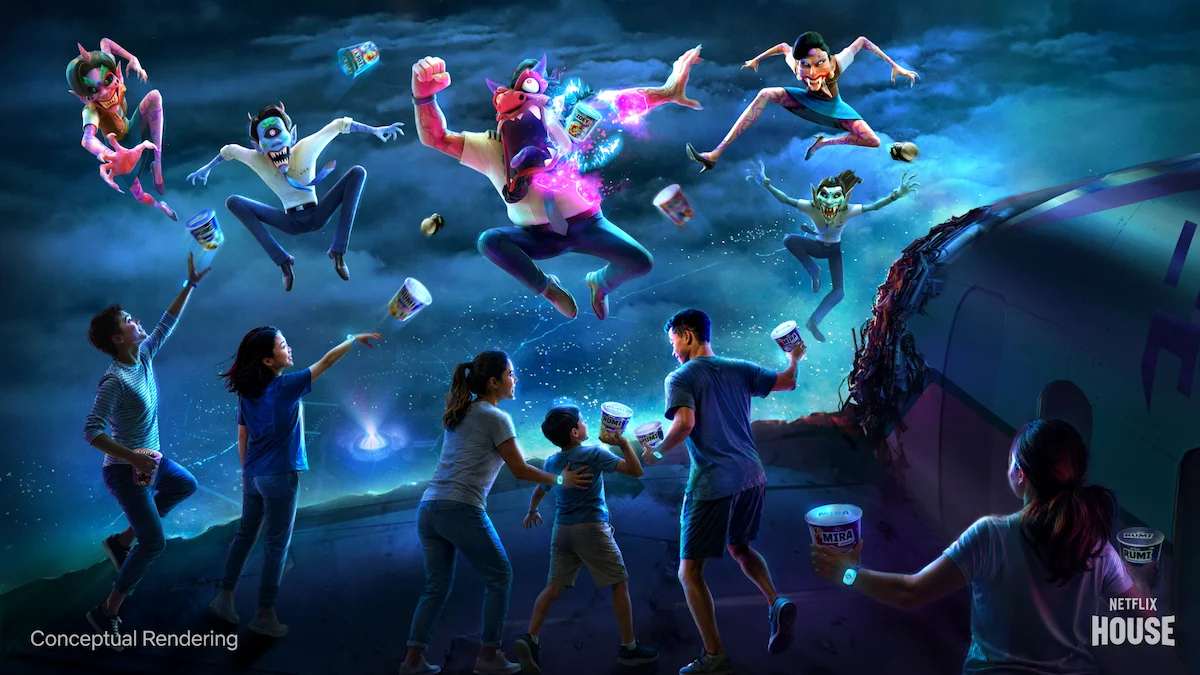 Concept art shows guests facing demons beside a damaged aircraft in the KPop Demon Hunters immersive experience.