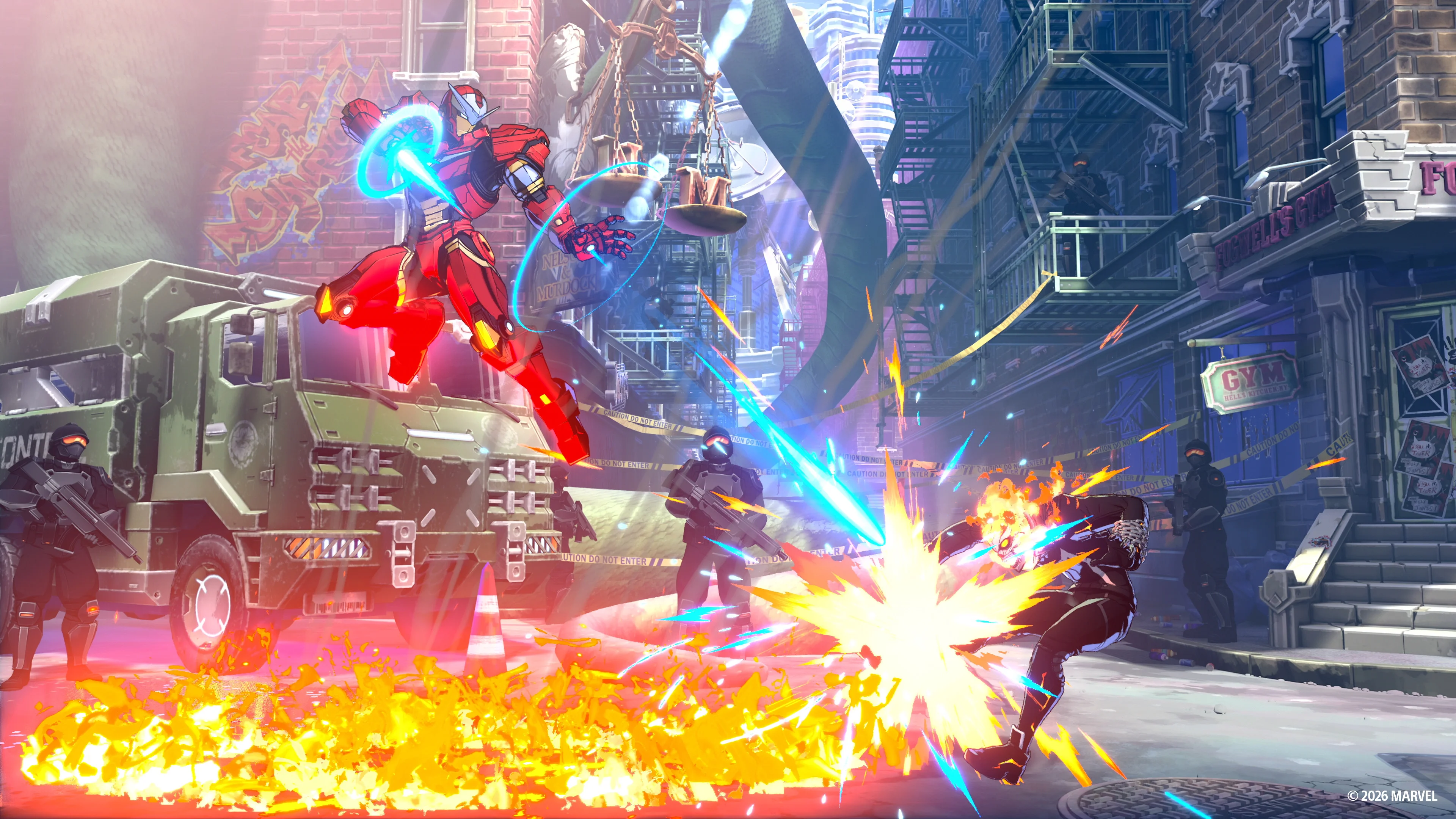 MARVEL Tōkon characters fighting during a colorful team battle.