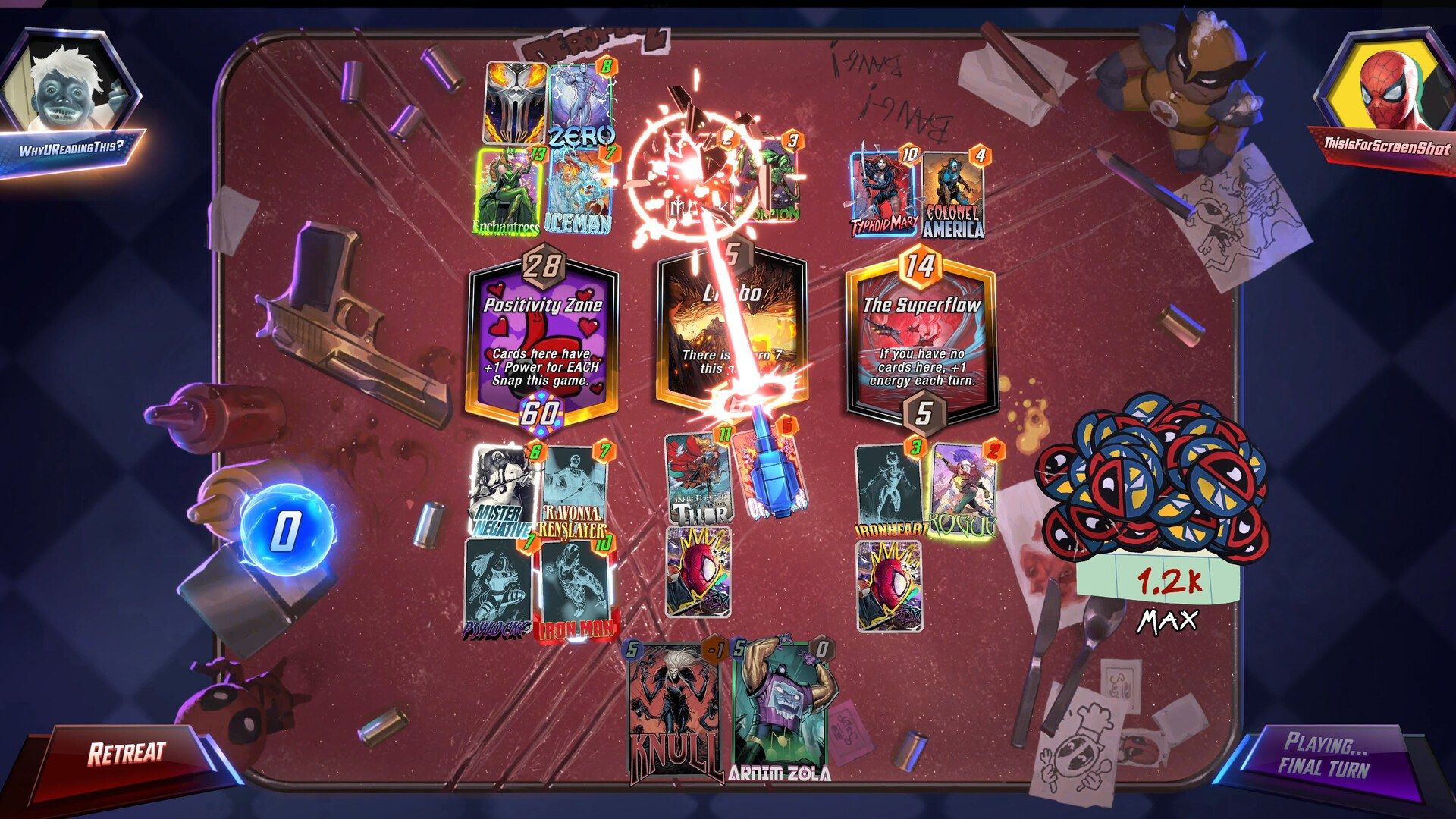 Marvel cards and numbers fill all three lanes near the end of a match.
