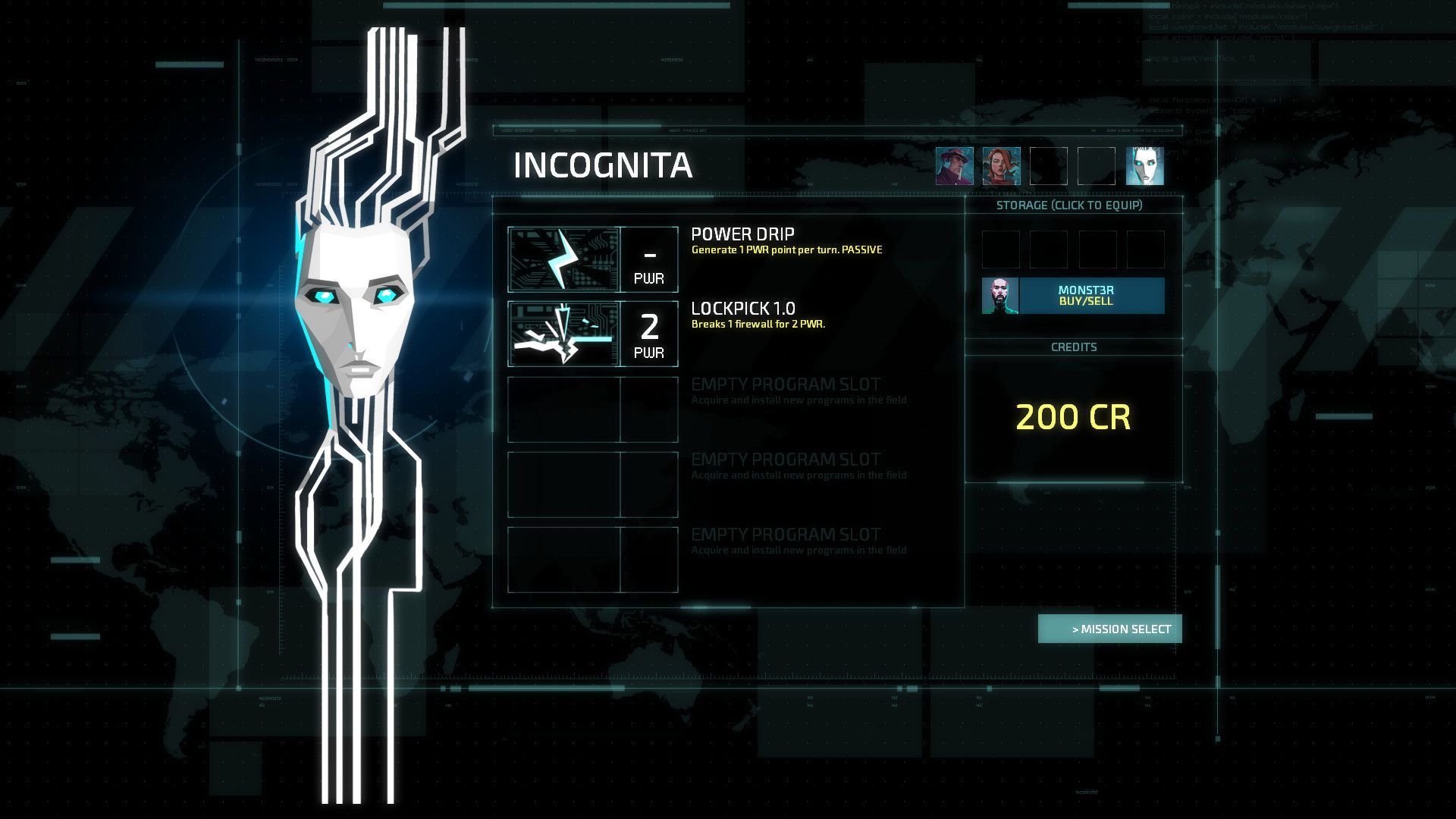 The Incognita hacking interface displays programs, power and a credit price.