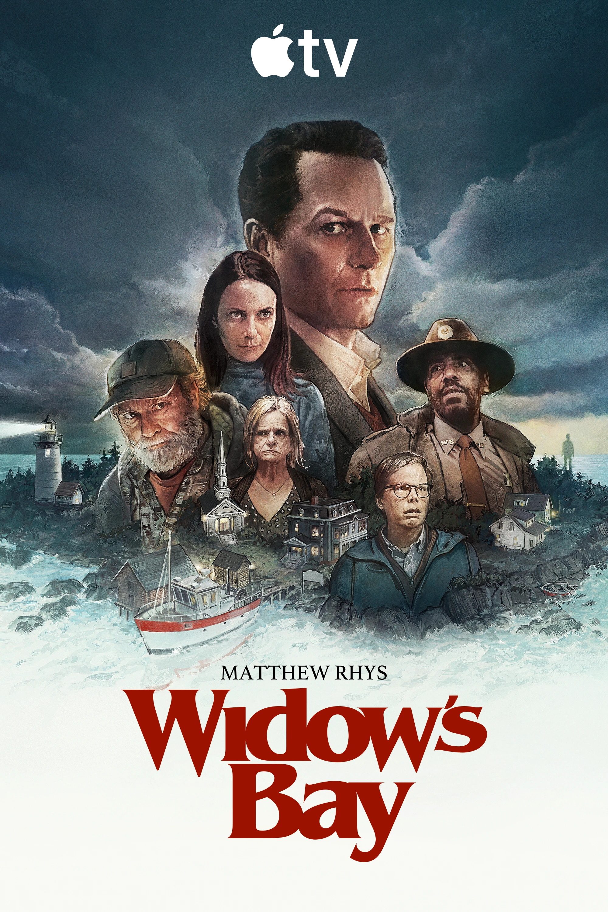 Official Apple TV poster for Widow’s Bay, featuring Tom, Patricia, Wyck and other island residents.