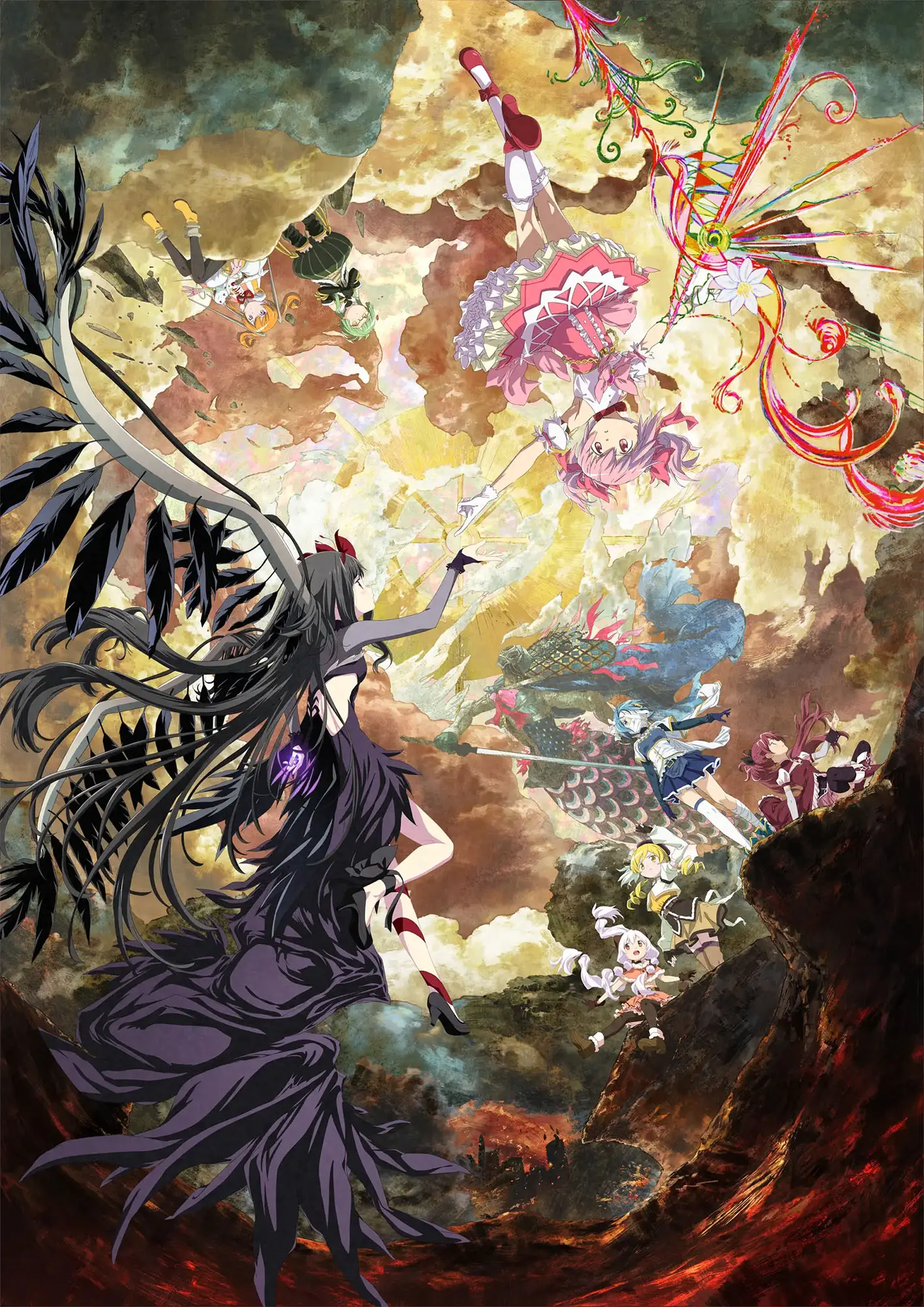Madoka, Homura, and the magical girls appear across a fractured sky in official Walpurgisnacht Rising artwork.