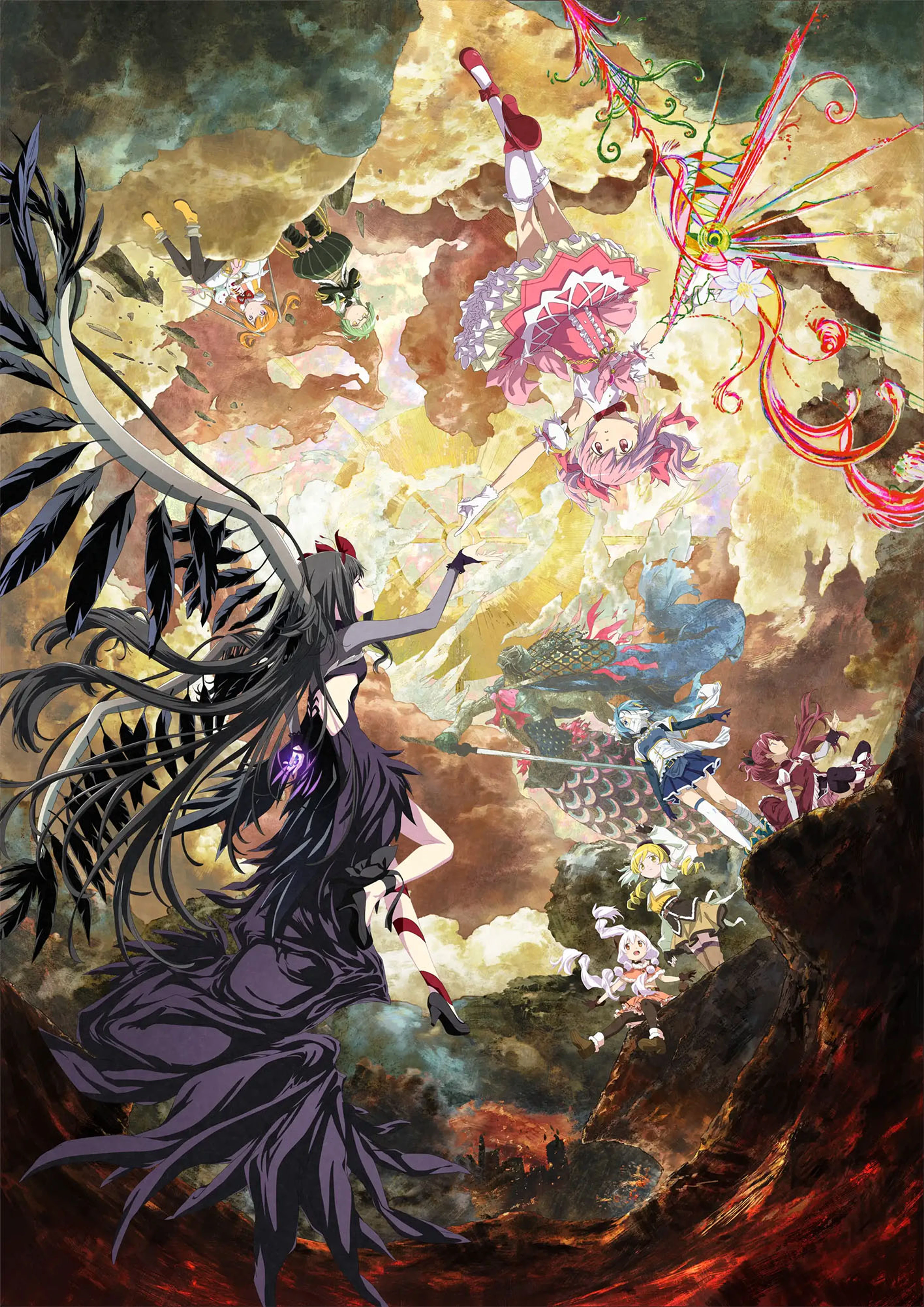 Madoka, Homura, and the magical girls appear across a fractured sky in official Walpurgisnacht Rising artwork.