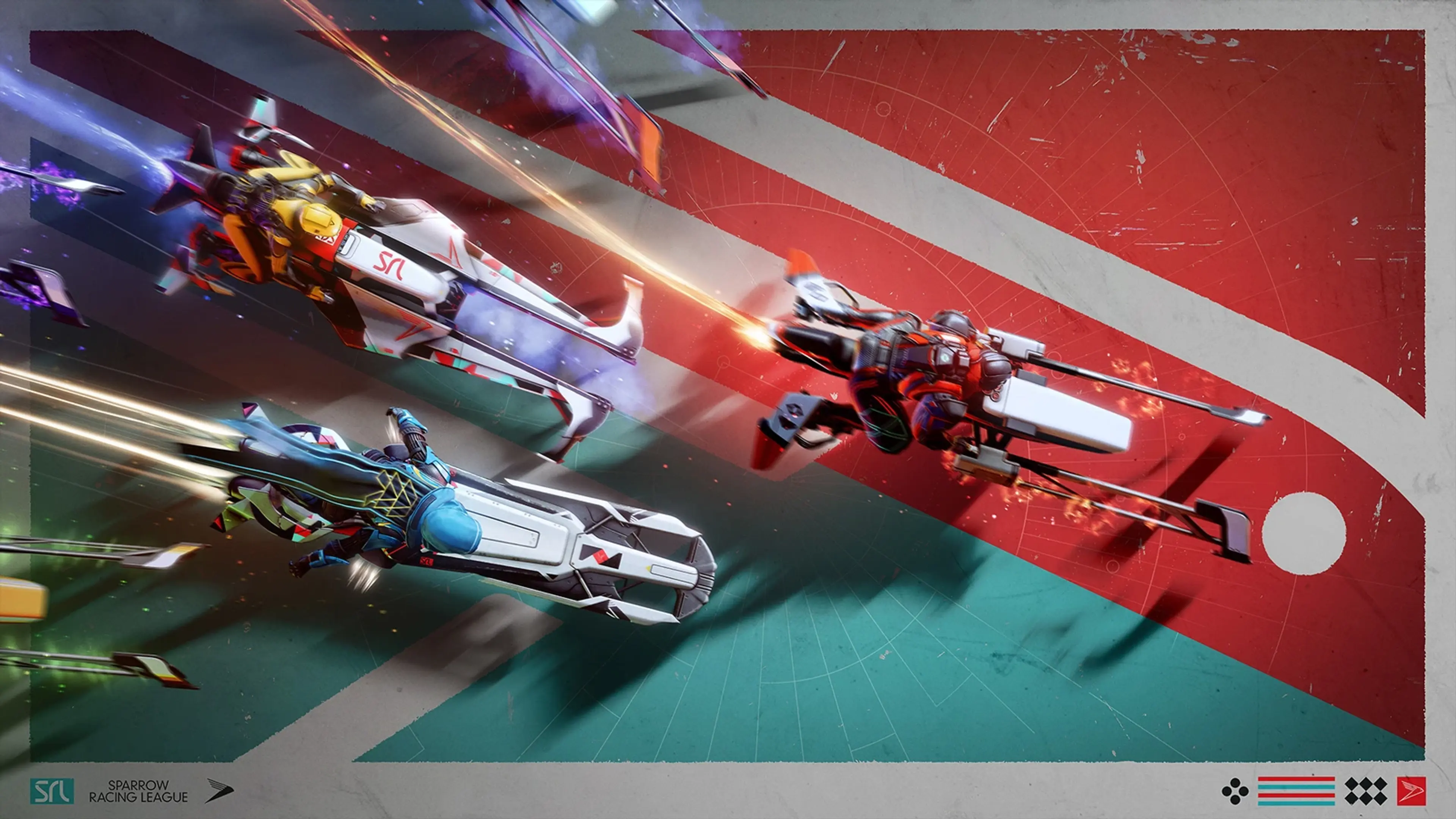 Four Destiny 2 Guardians race Sparrows along a marked track.