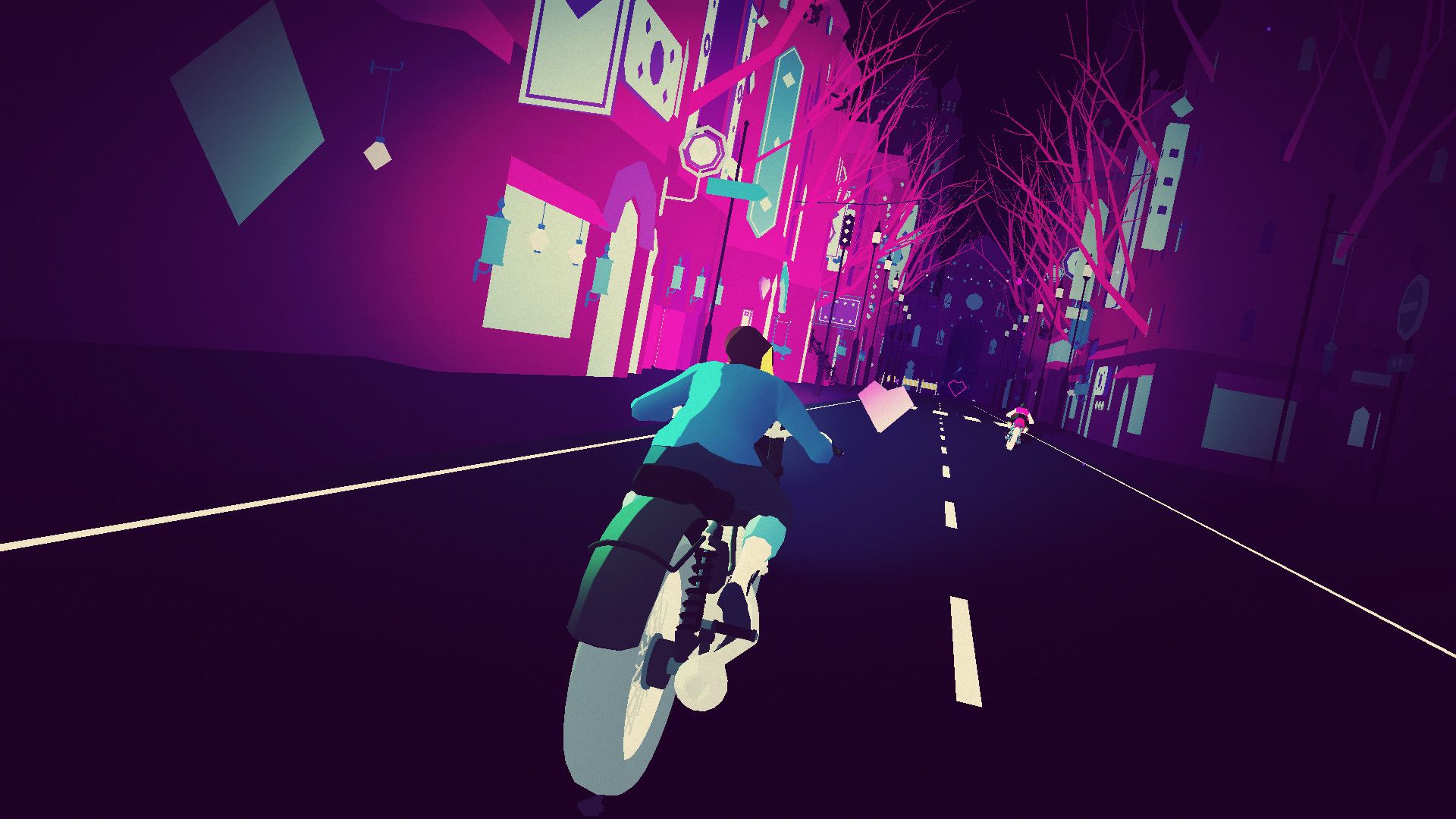 A rear view of a motorcycle ride down a city road shows another perspective used during the music-led stages.