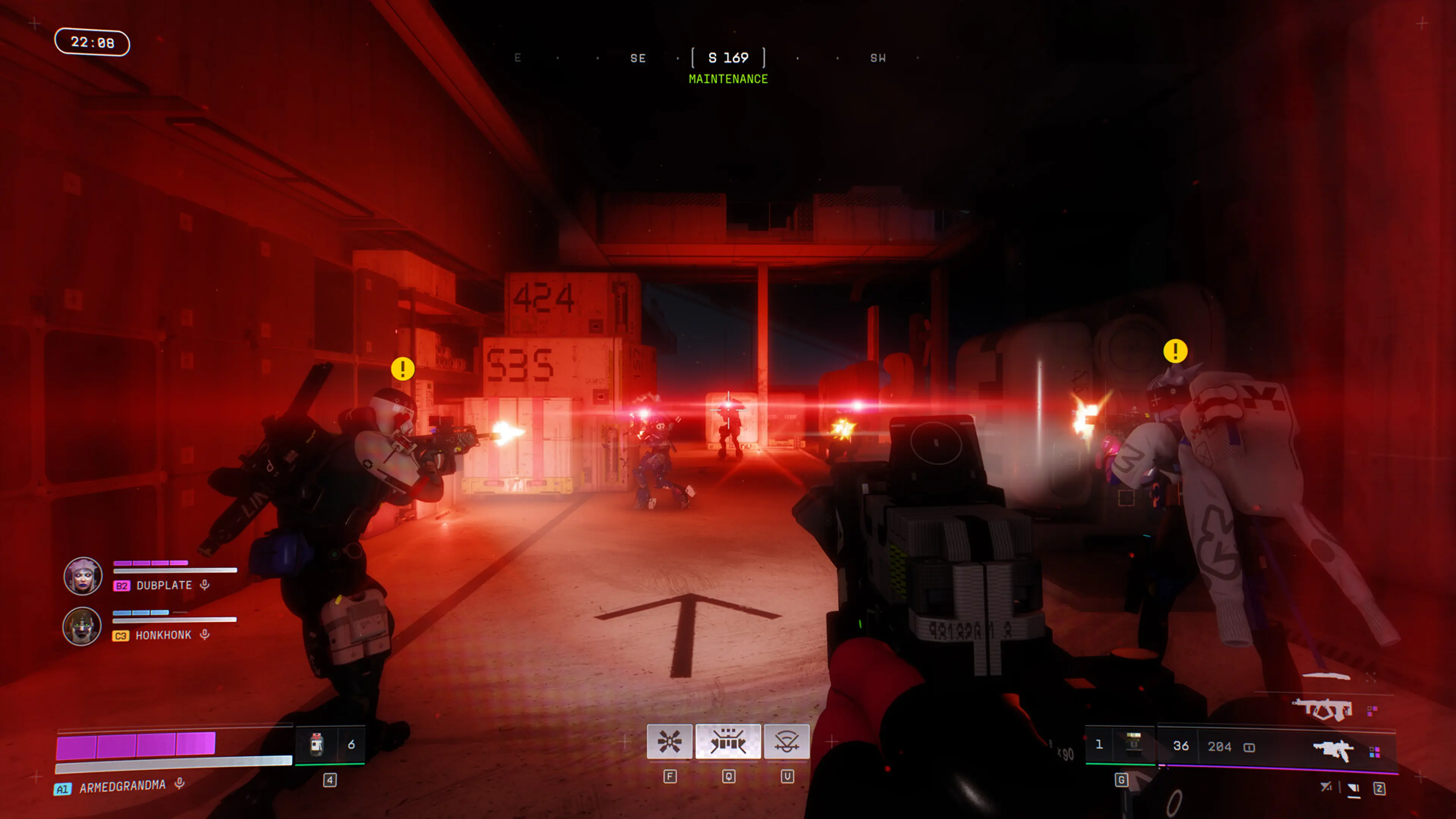A crew of Marathon Runners exchanges fire in a red-lit facility corridor.