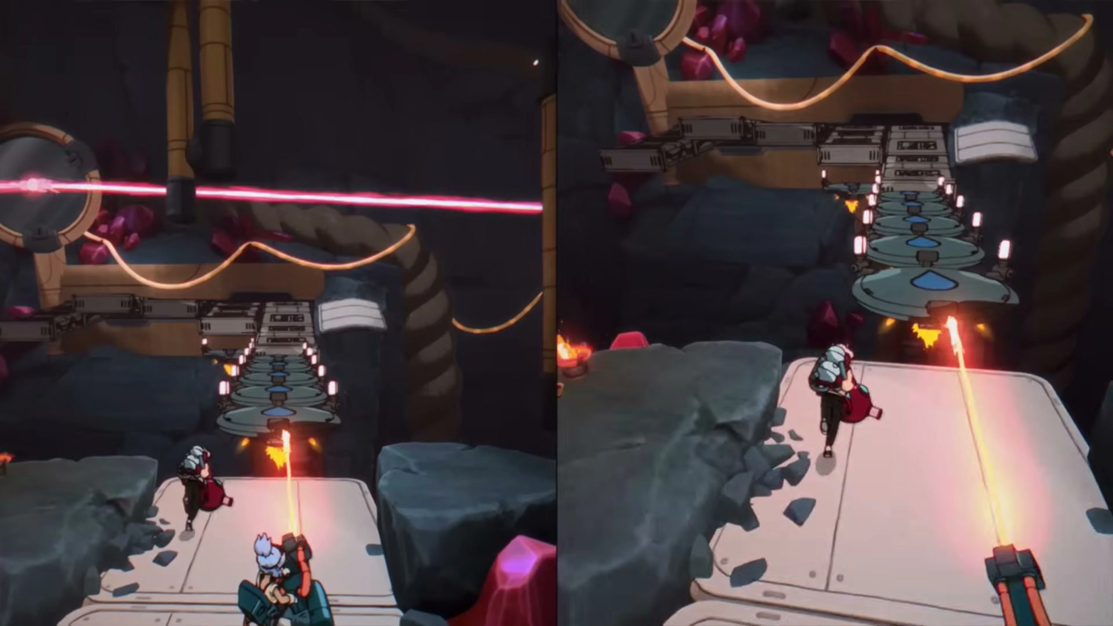Maki and Omura coordinate a laser puzzle in split-screen in Orbitals.
