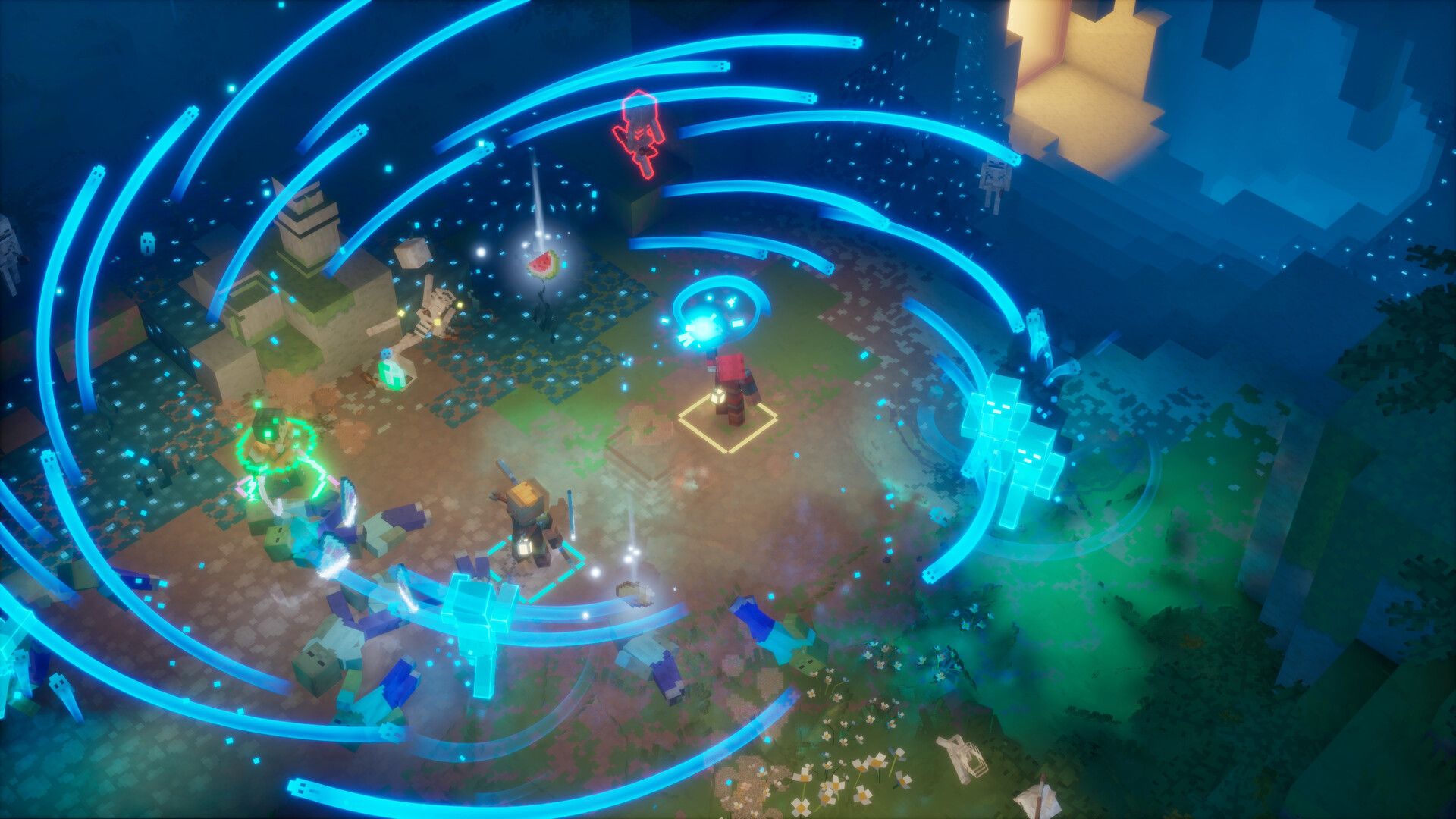 Heroes fight a large enemy in an arena.