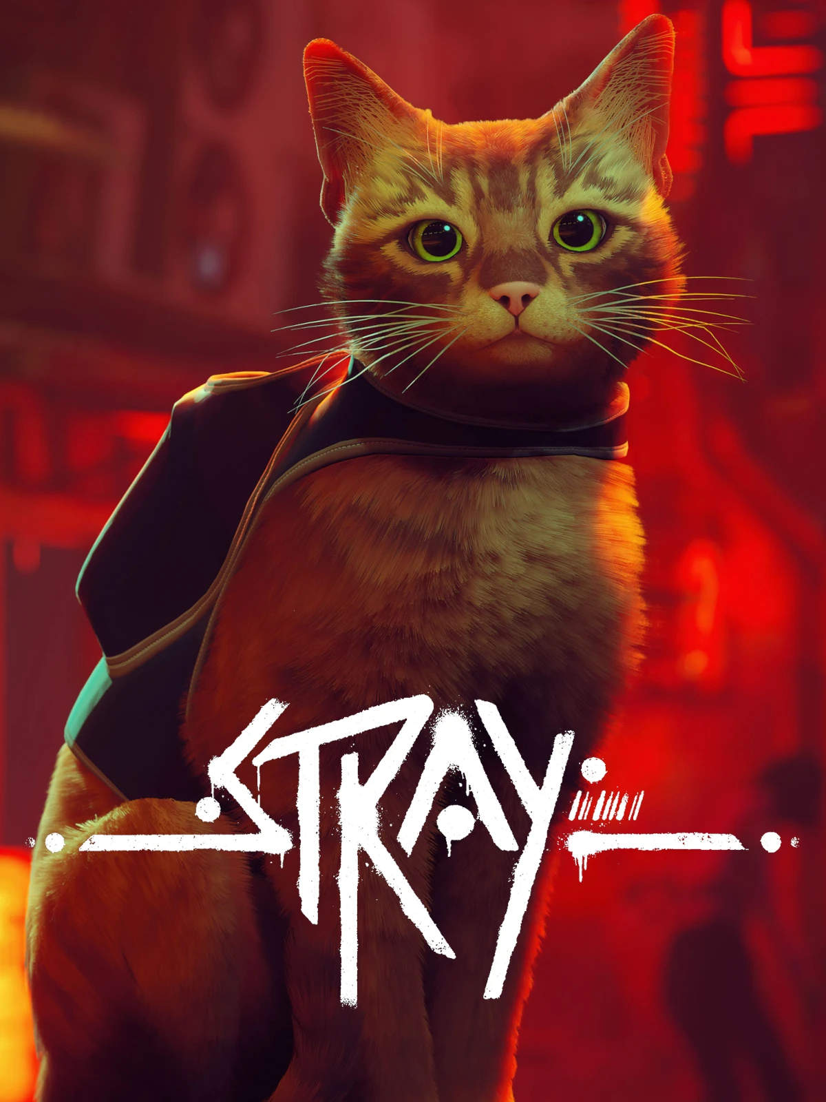 Official Stray cover with the orange cat against a red neon city and the title.