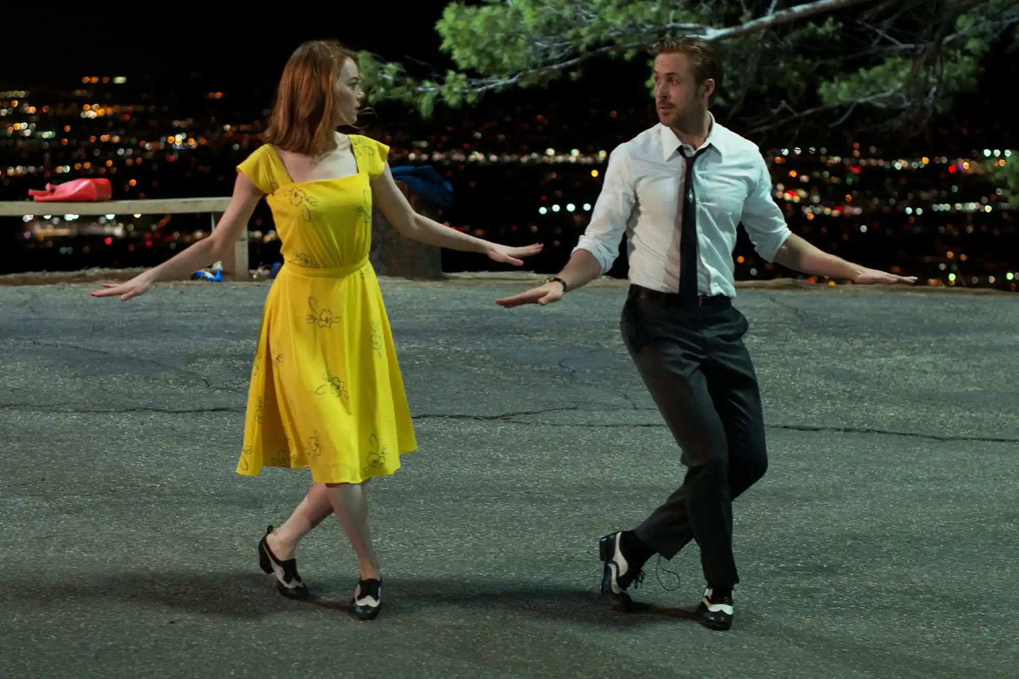 Emma Stone as Mia and Ryan Gosling as Sebastian dance above Los Angeles in La La Land.