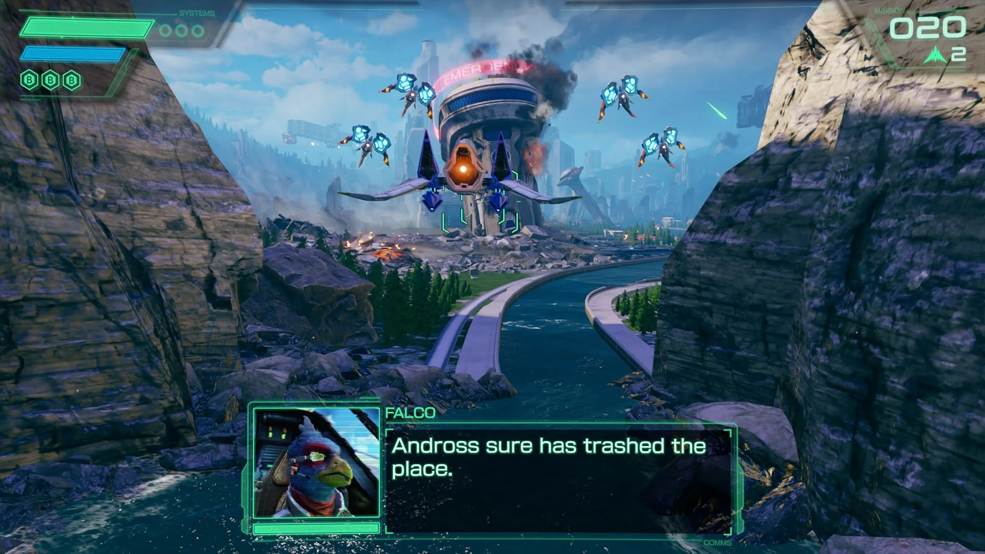 An Arwing flies toward a damaged structure in an official Star Fox gameplay screenshot.