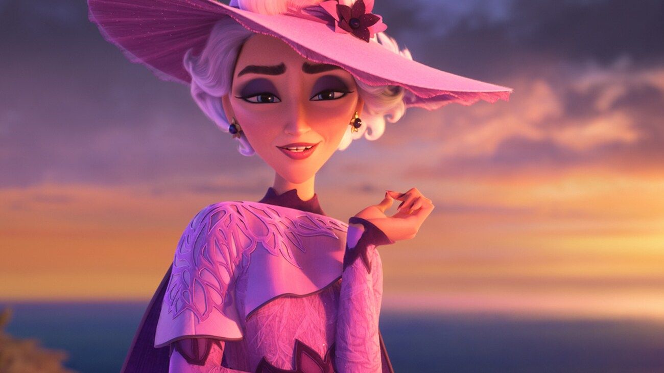 Queen Celeste wears a tall pink hat and matching coat in Disney’s Hexed.