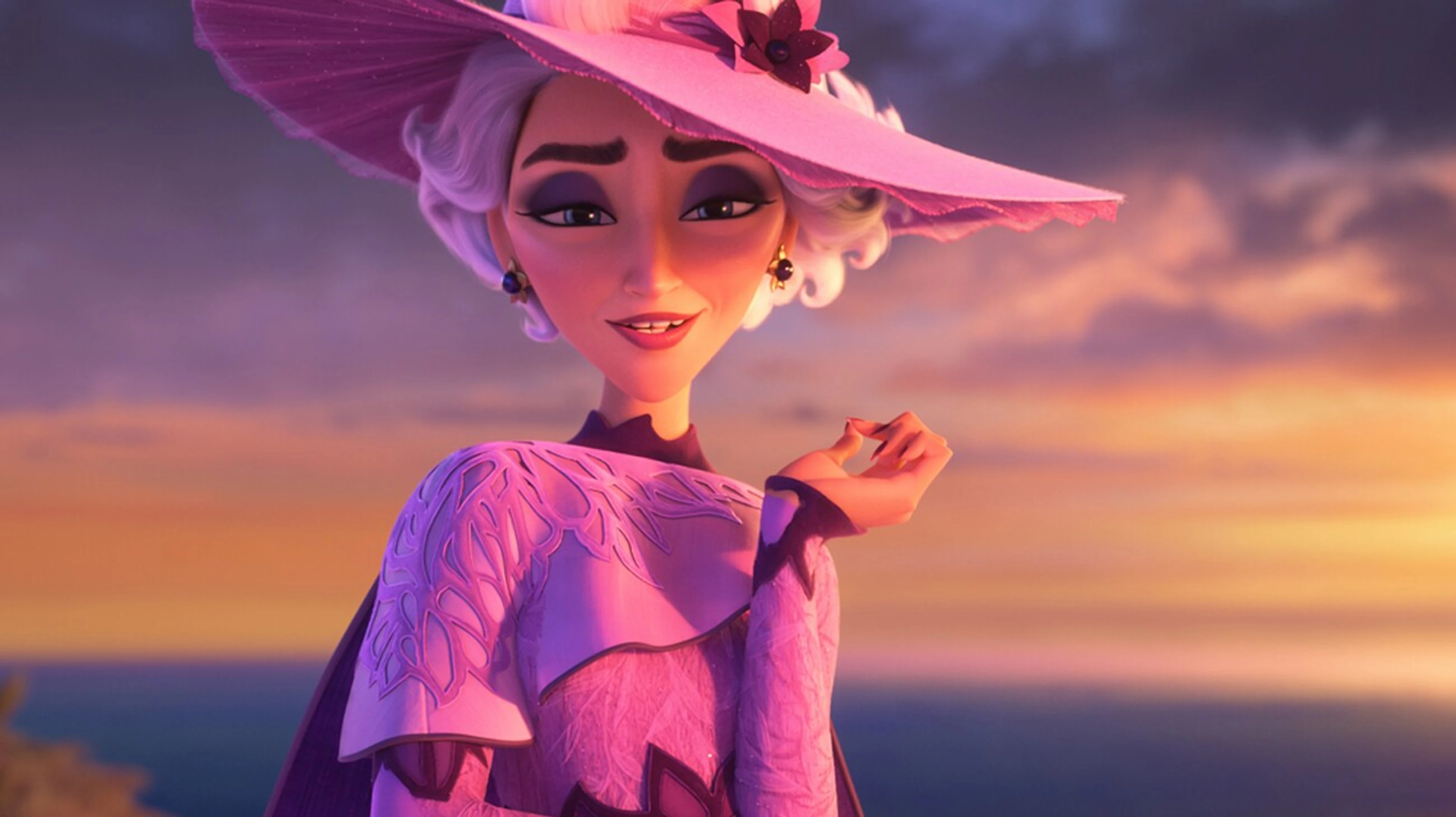 Queen Celeste wears a tall pink hat and matching coat in Disney’s Hexed.