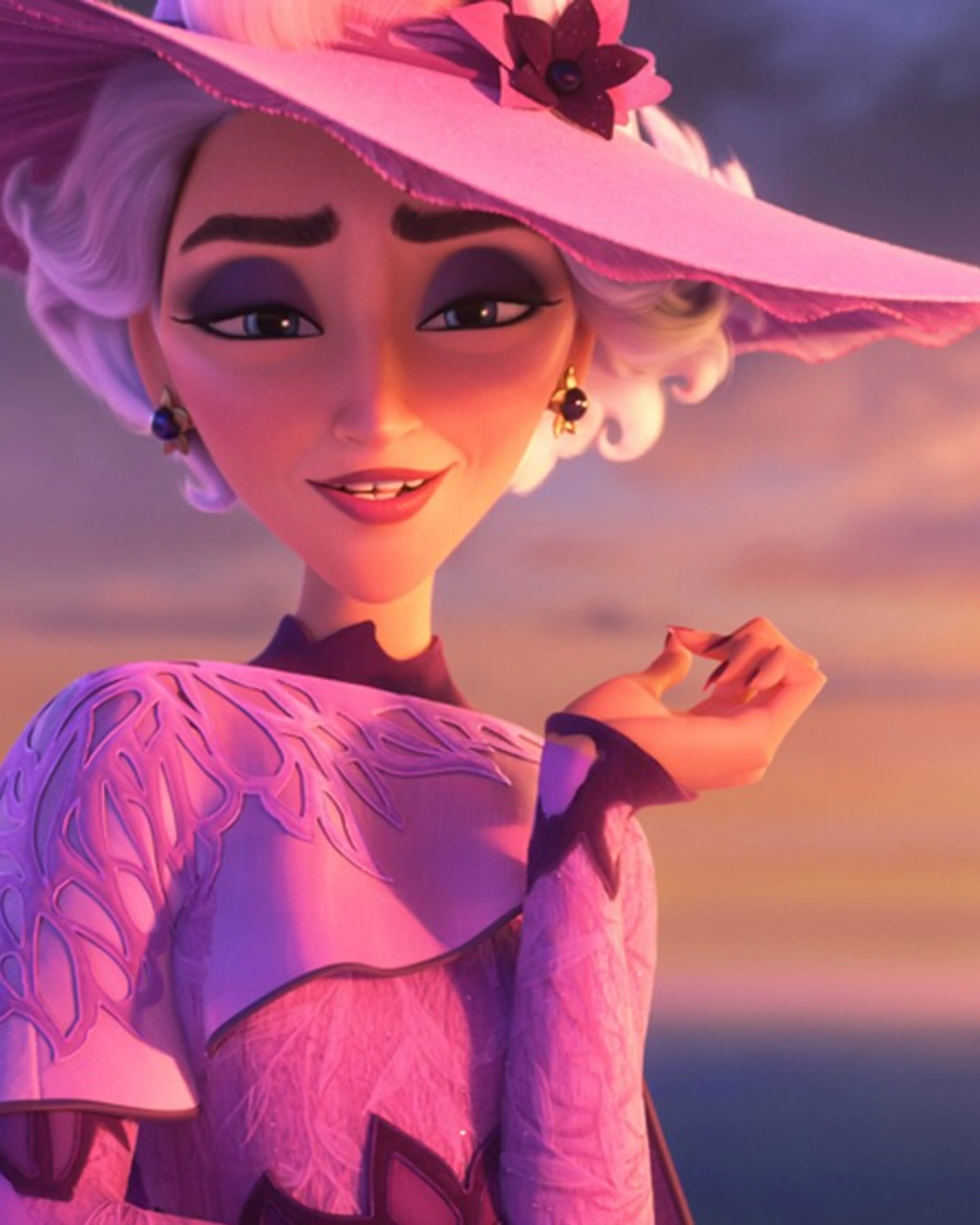 Queen Celeste wears a tall pink hat and matching coat in Disney’s Hexed.