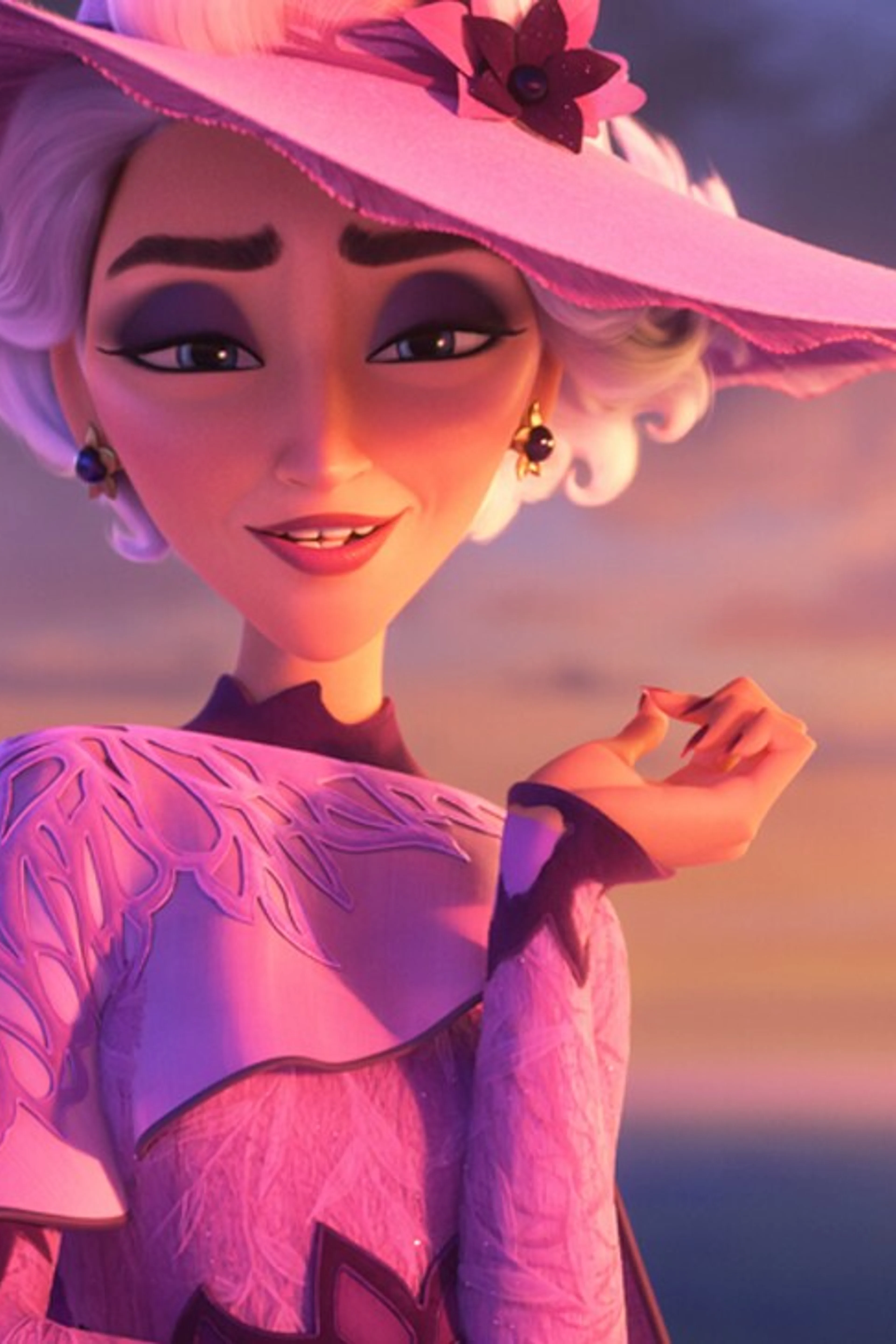 Queen Celeste wears a tall pink hat and matching coat in Disney’s Hexed.