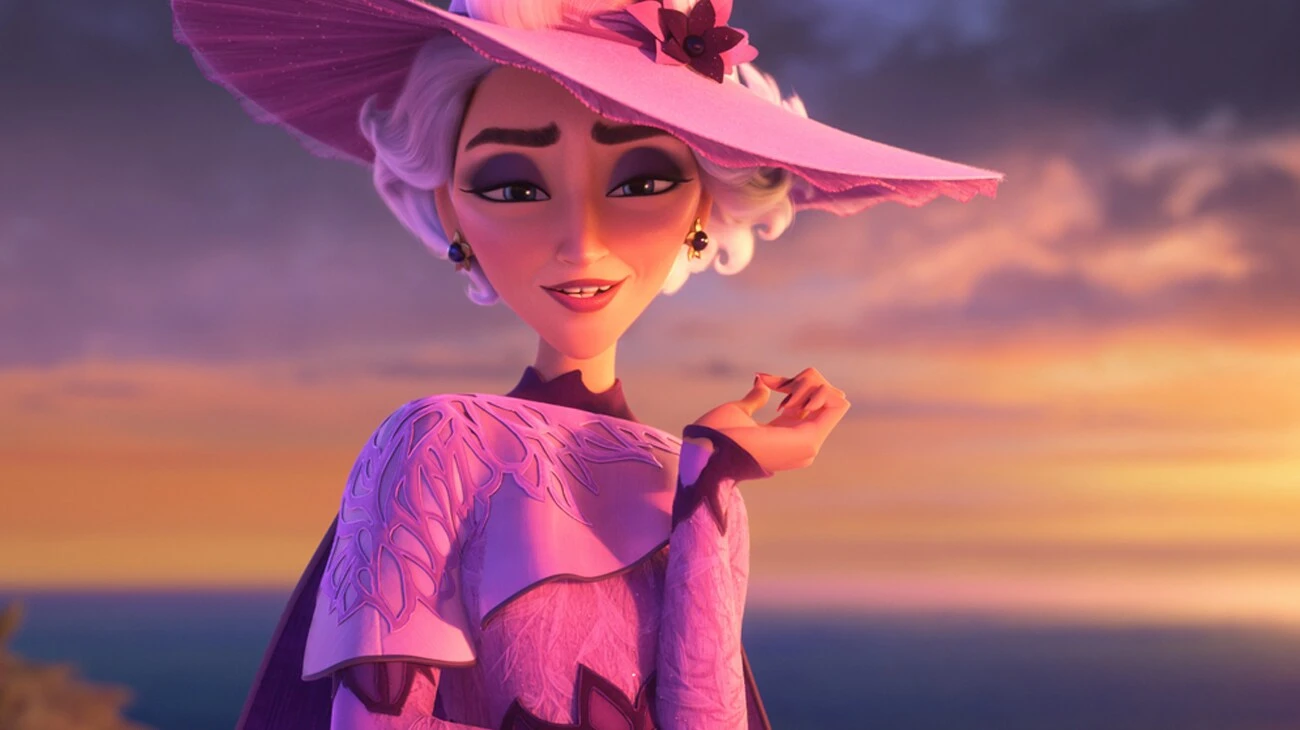 Queen Celeste wears a tall pink hat and matching coat in Disney’s Hexed.