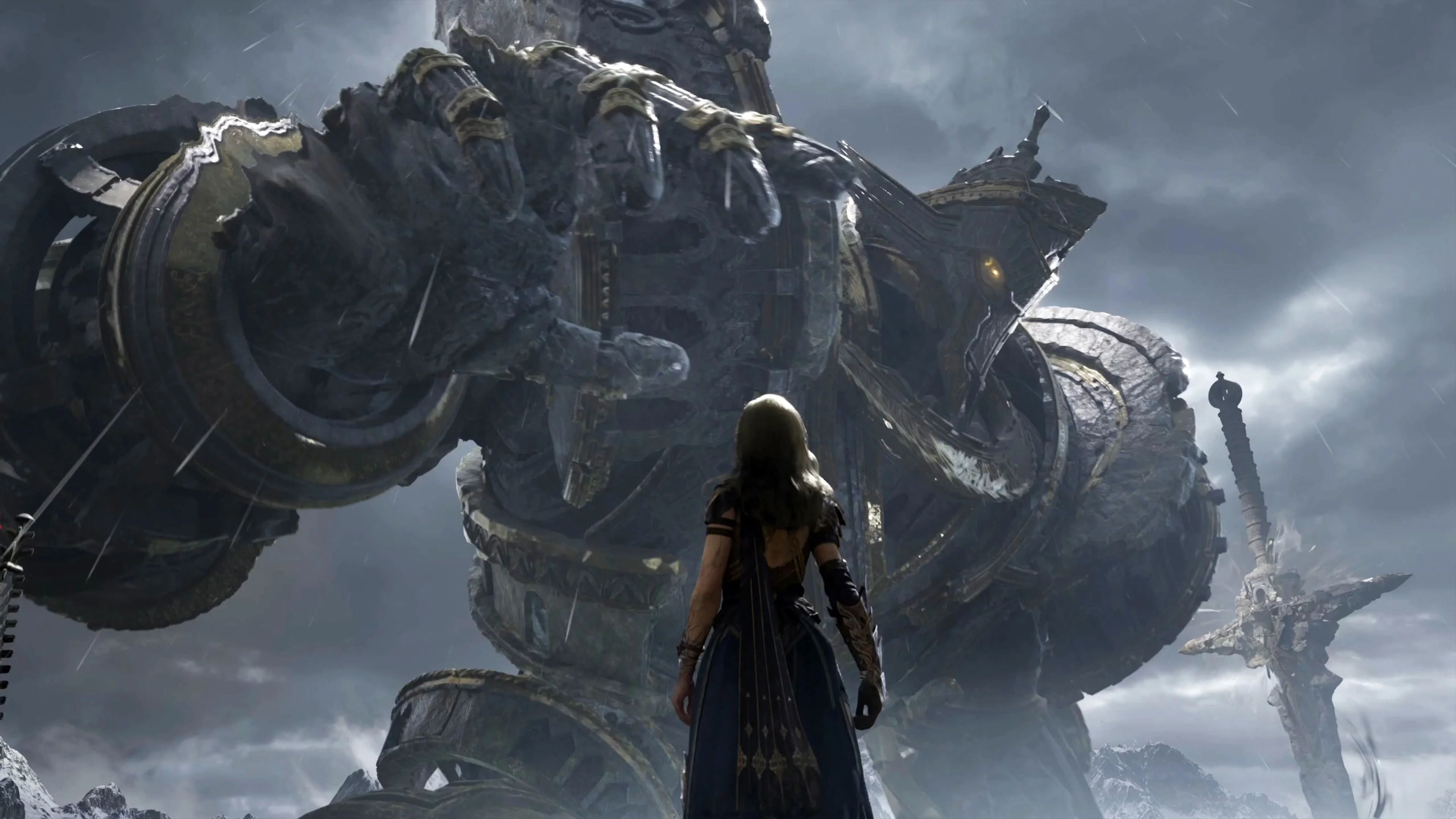Gwendolyn fights through a ruined hall with two spectral knights and multiple armored enemies in clean official Tides of Annihilation artwork.