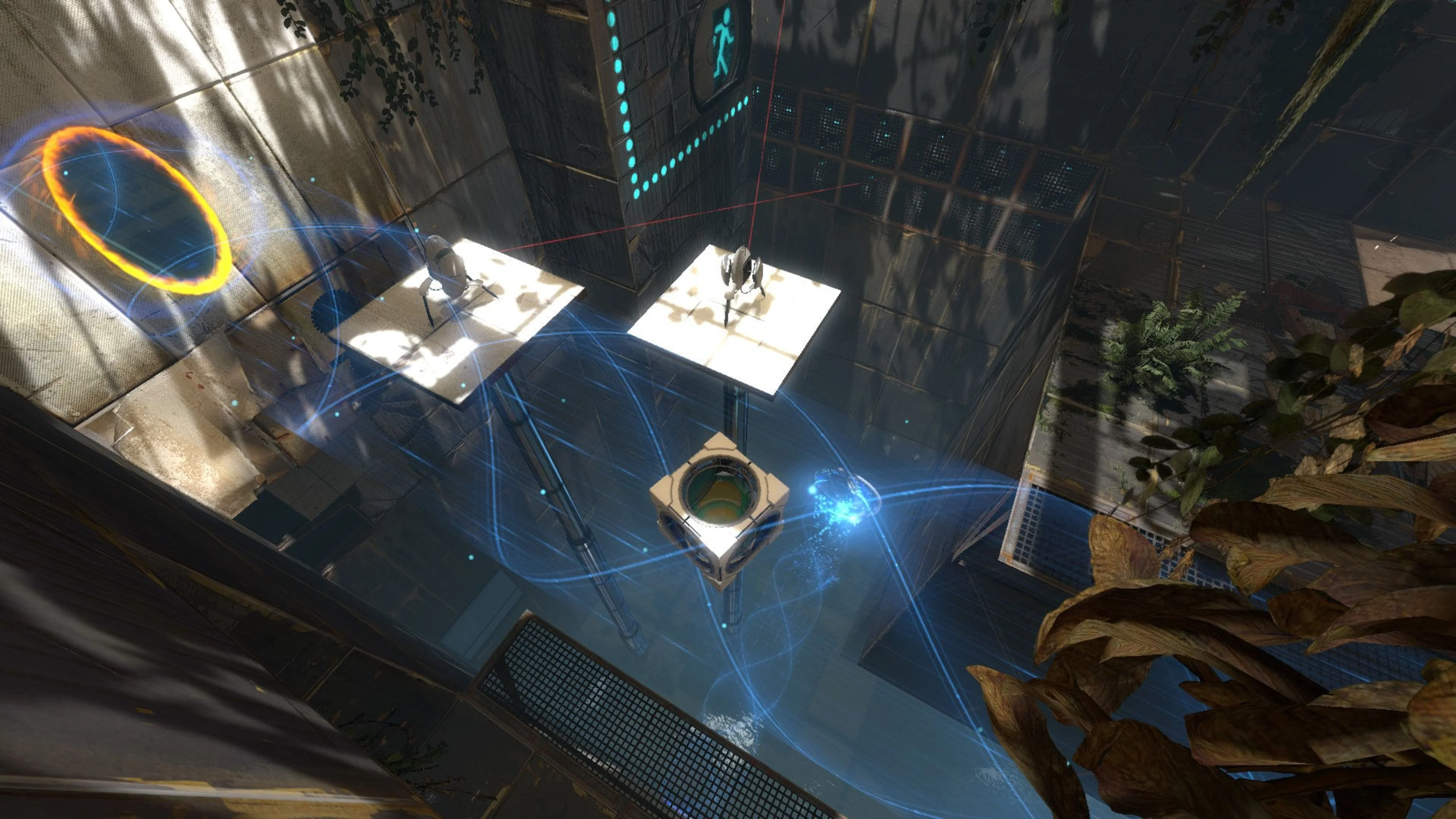 Orange and blue portals connect platforms inside an overgrown Aperture Science chamber in Portal 2.