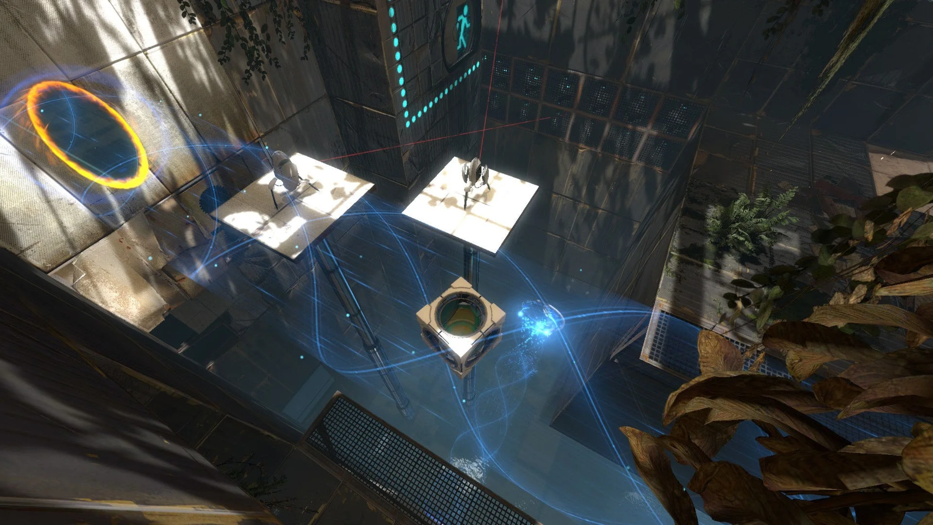 Orange and blue portals connect platforms inside an overgrown Aperture Science chamber in Portal 2.