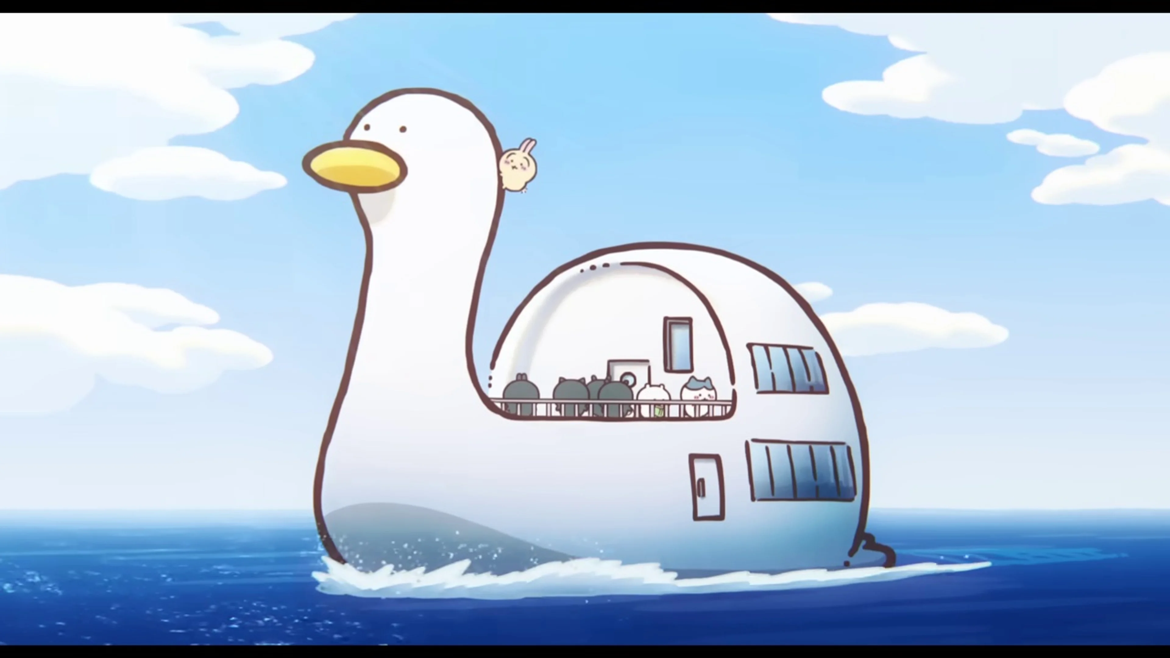 Chiikawa and Hachiware face a crowd on the island in a clean frame from the official movie trailer.