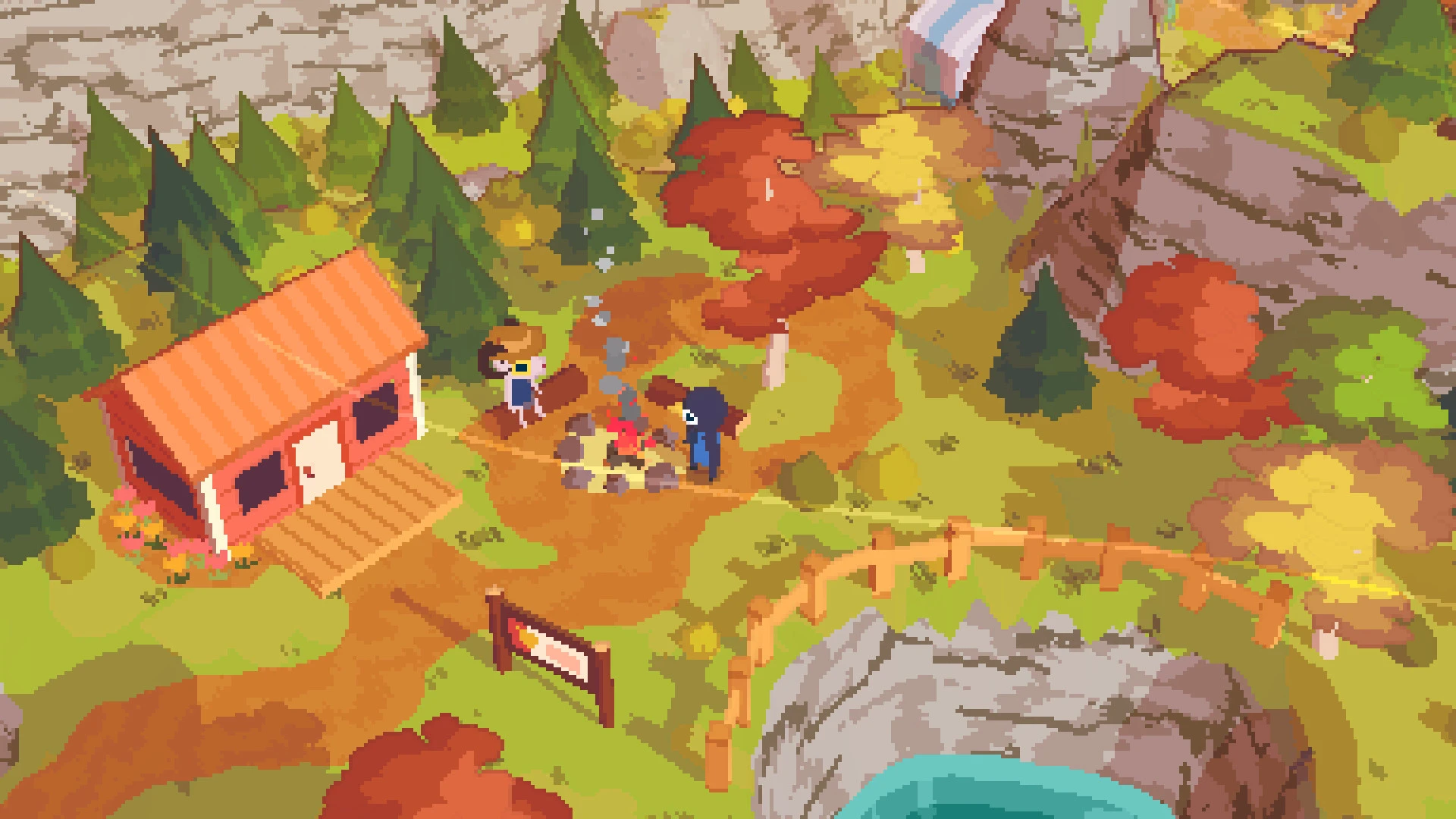 Hikers beside a cabin among autumn trees in A Short Hike.