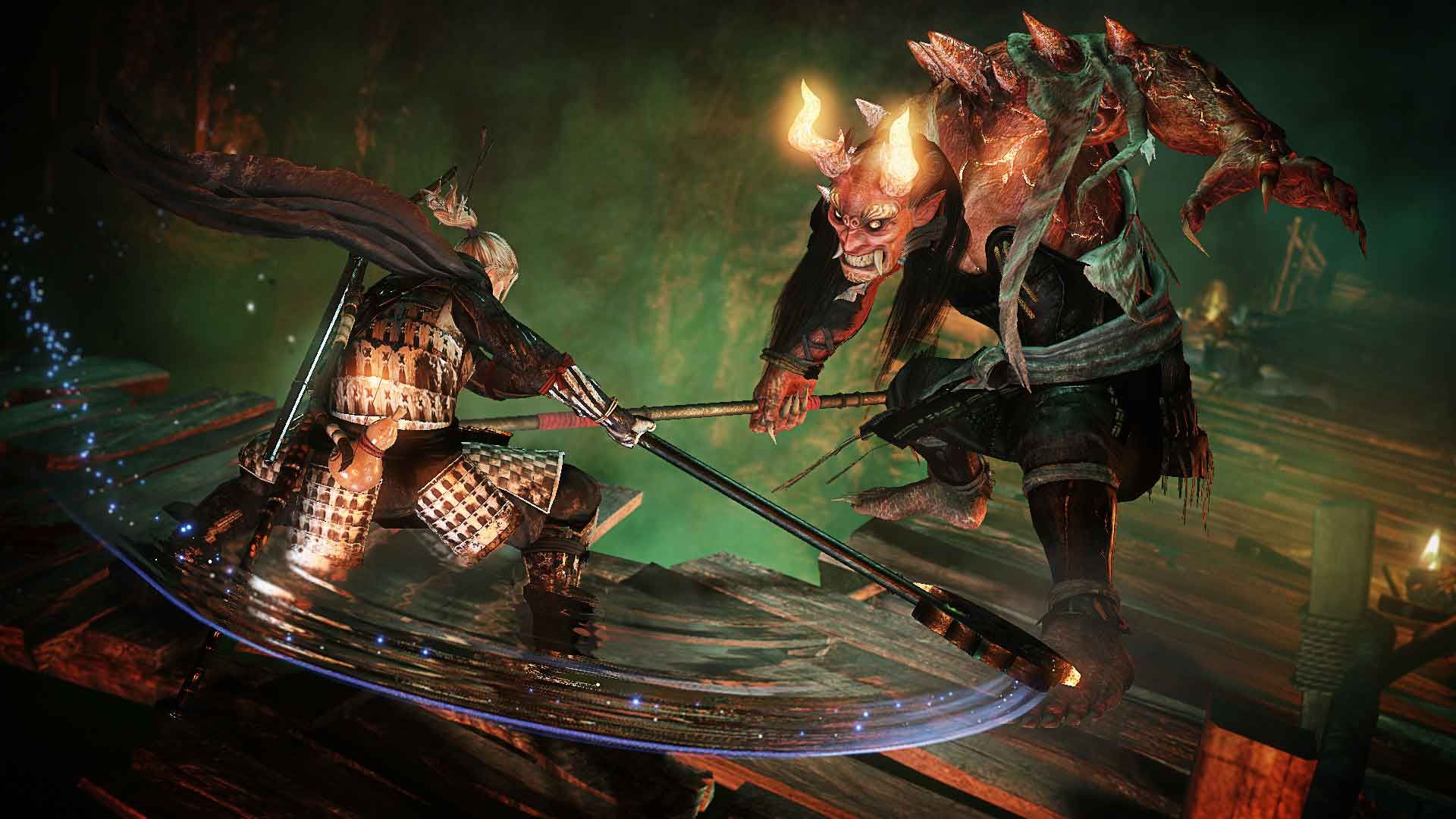The blond armored William holds a long blade against a large horned yokai.