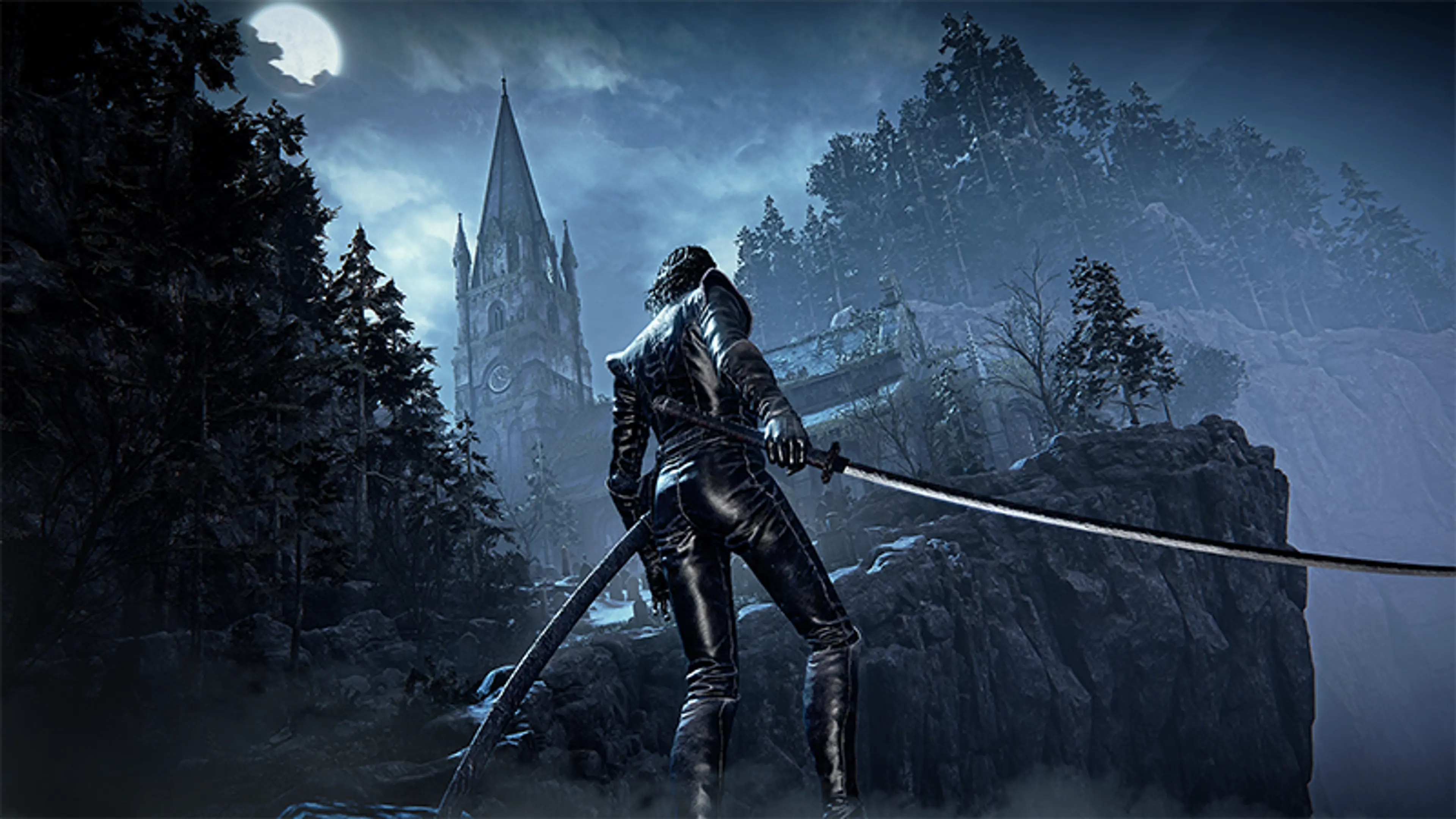 Official artwork: a swordsman stands on a forested ridge before a moonlit church in The Duskbloods.