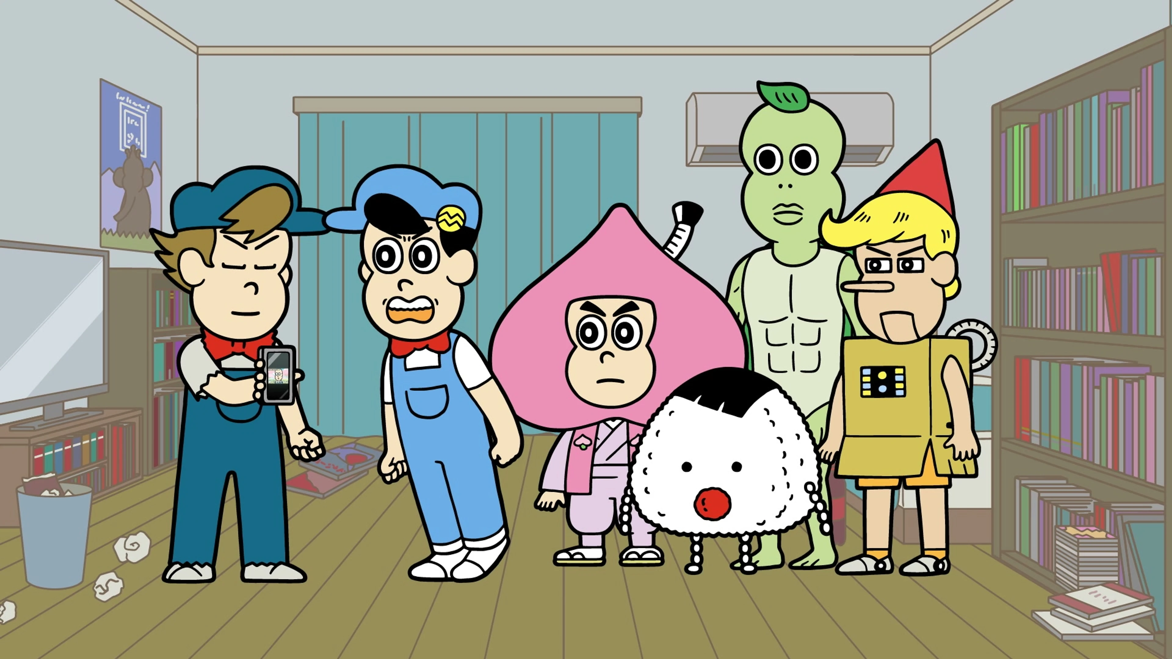 Meisaku and his classmates stand together in Ahare! Meisaku-kun.