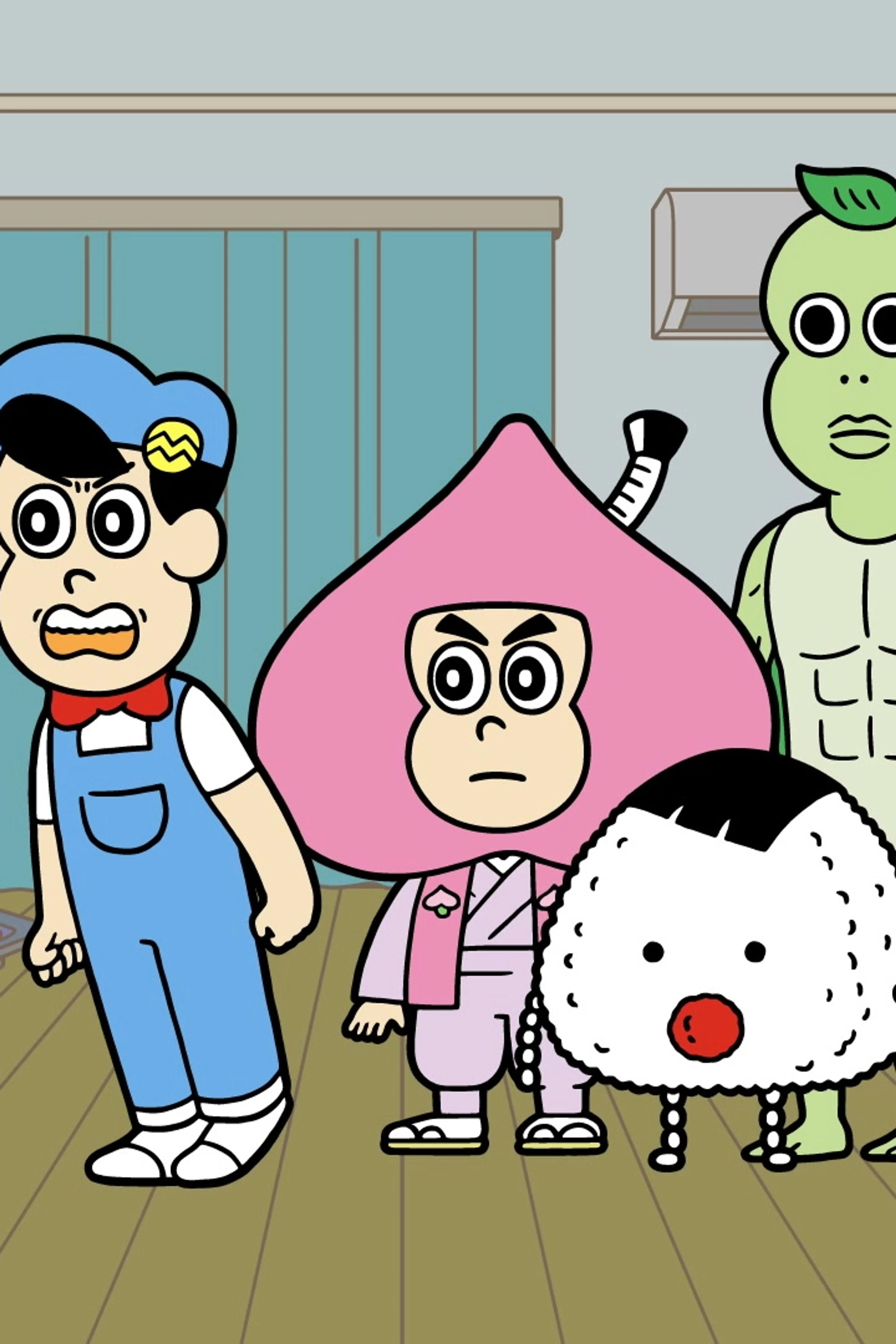 Meisaku and his classmates stand together in Ahare! Meisaku-kun.