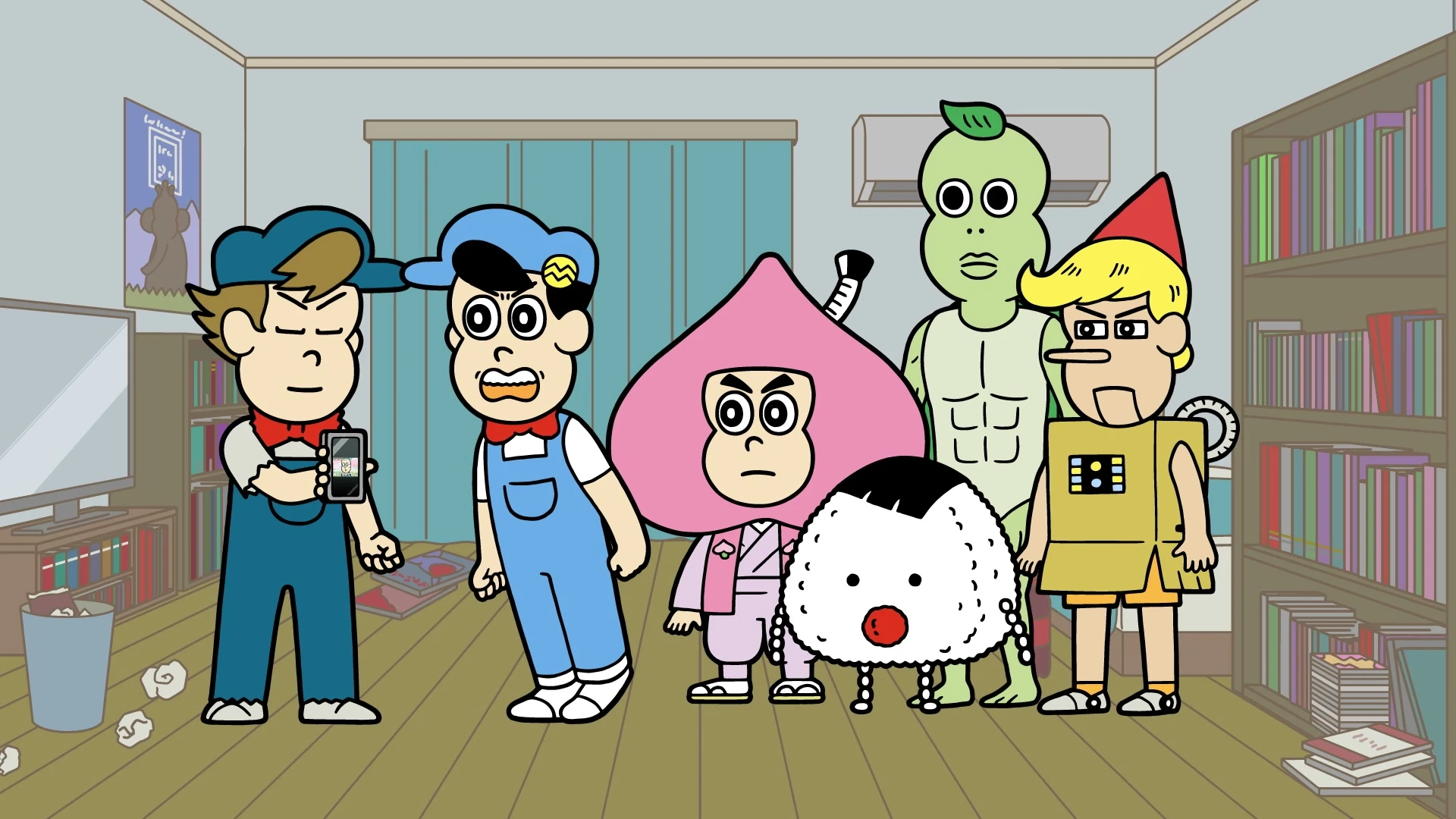 Meisaku and his classmates stand together in Ahare! Meisaku-kun.