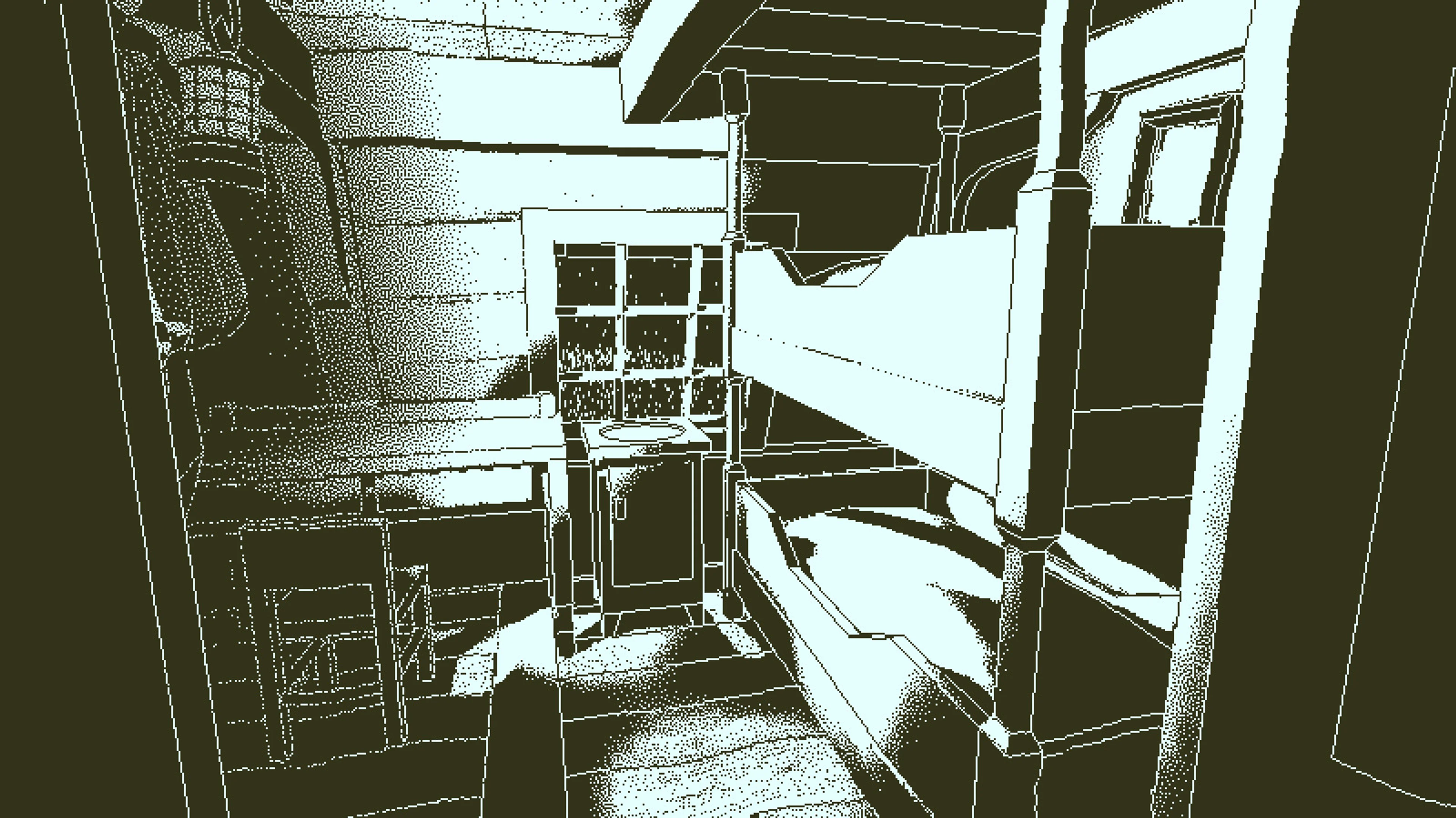 A small ship cabin contains a bunk and shelves visible from the doorway.